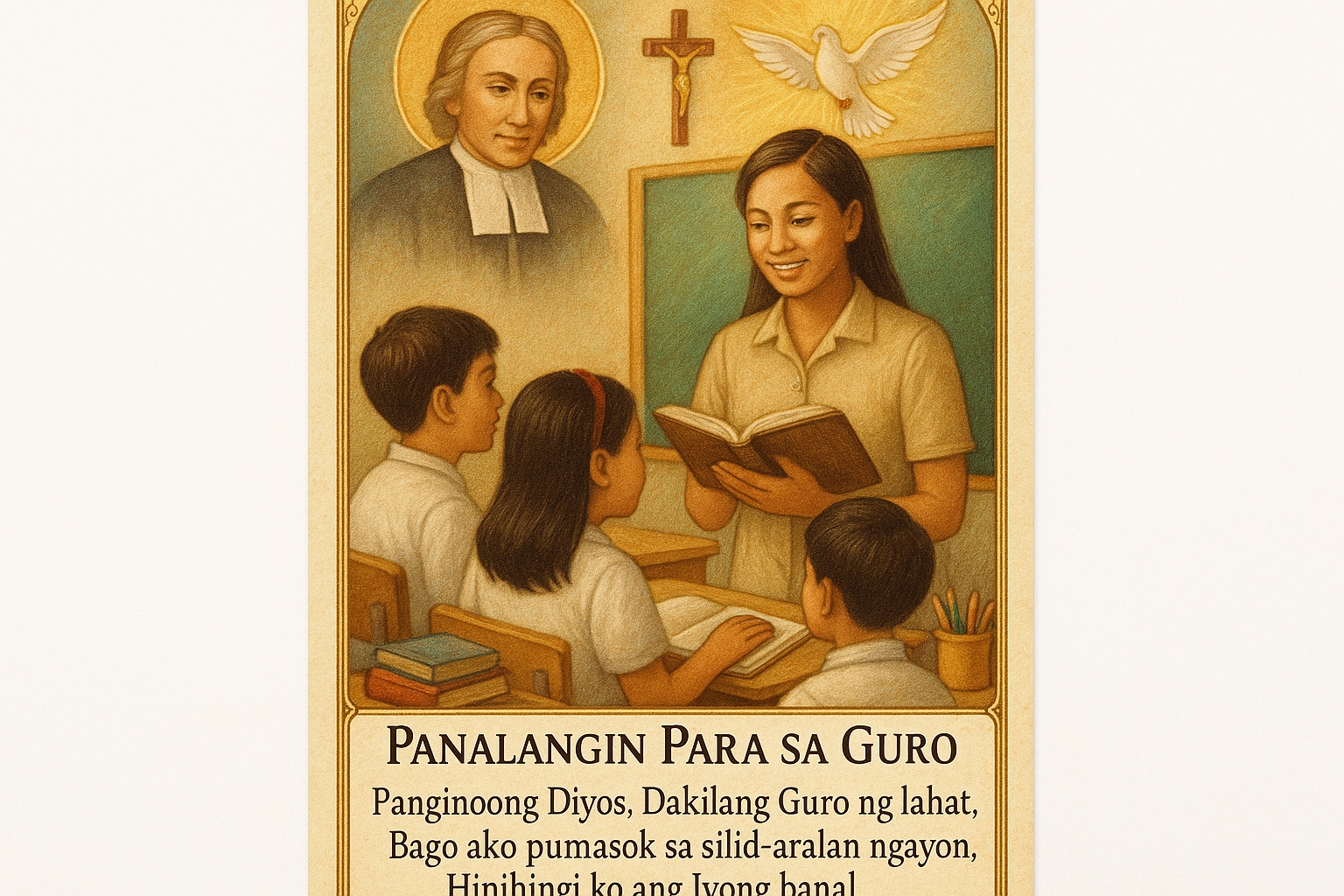 Filipino Catholic prayer card titled "Panalangin Para sa Guro" featuring a teacher in classroom with students, books, and educational materials.