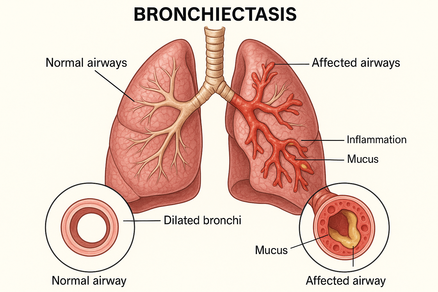 Bronchiectasis anatomical illustration showing dilated airways