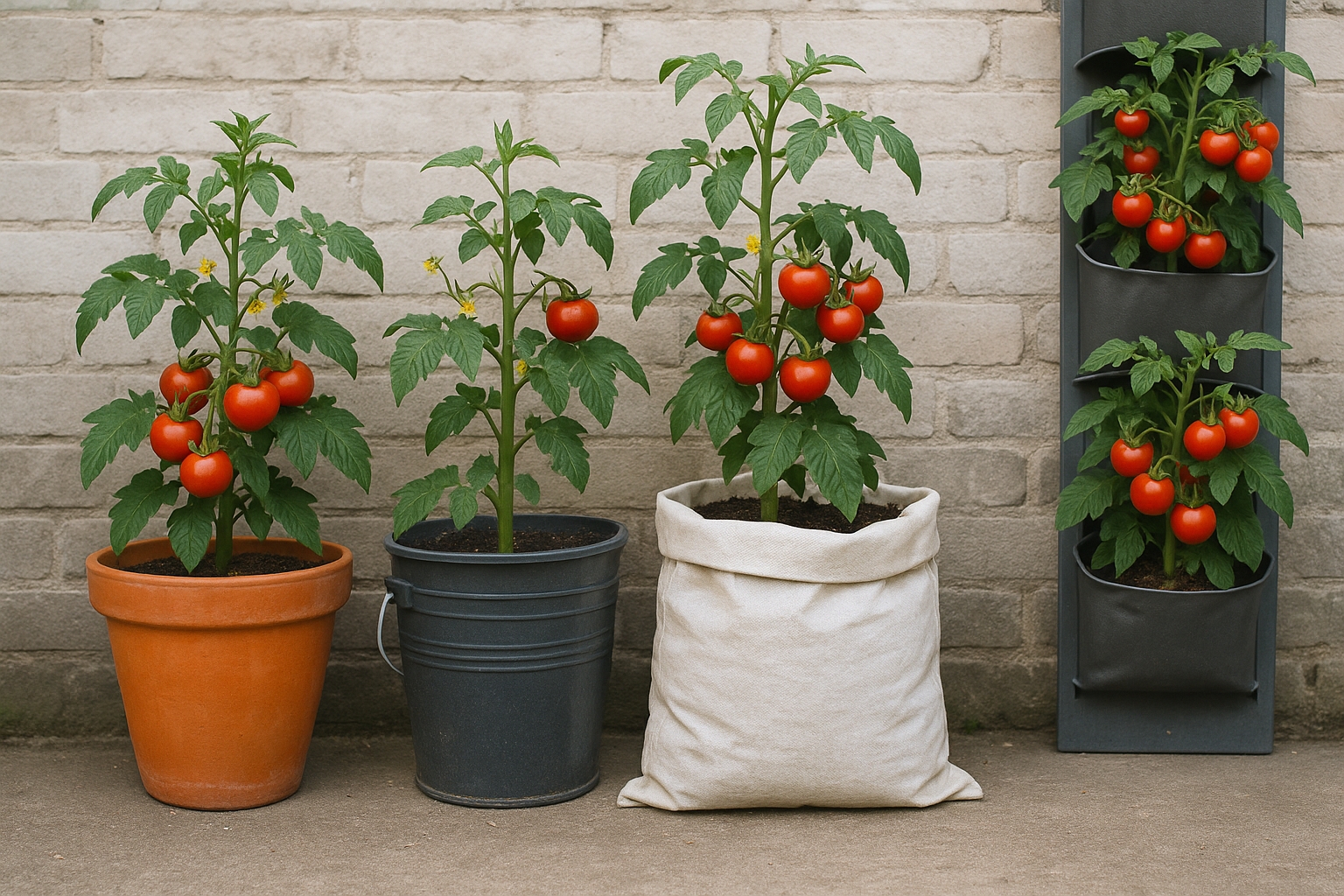 Différents contenants utilisés pour cultiver des tomates en milieu urbain - pots en terre cuite, contenants recyclés, sacs de culture et systèmes de jardinage vertical avec tomates plantées