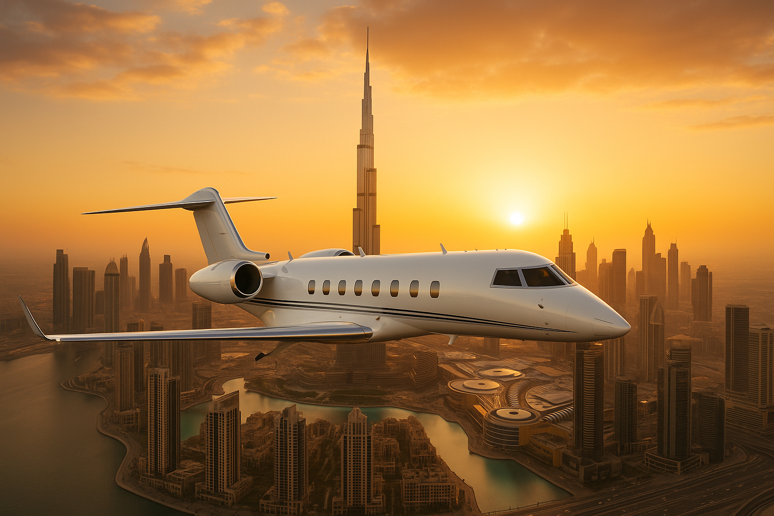 Private Jet Over Dubai Skyline