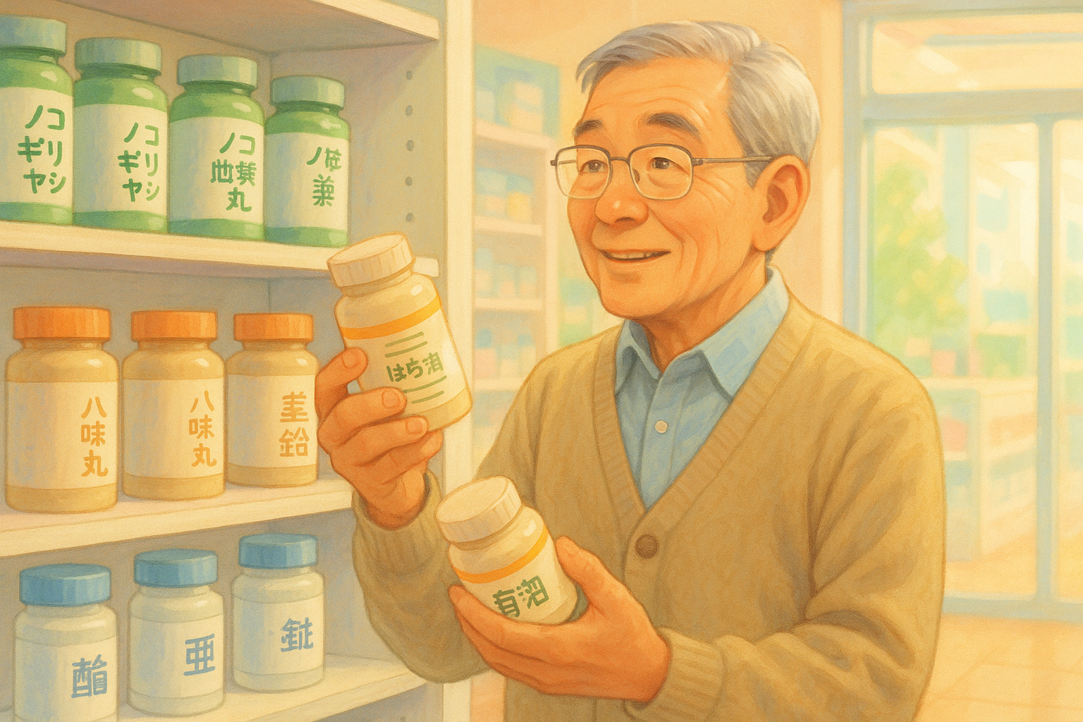 薬局でサプリメントを選ぶ64歳男性