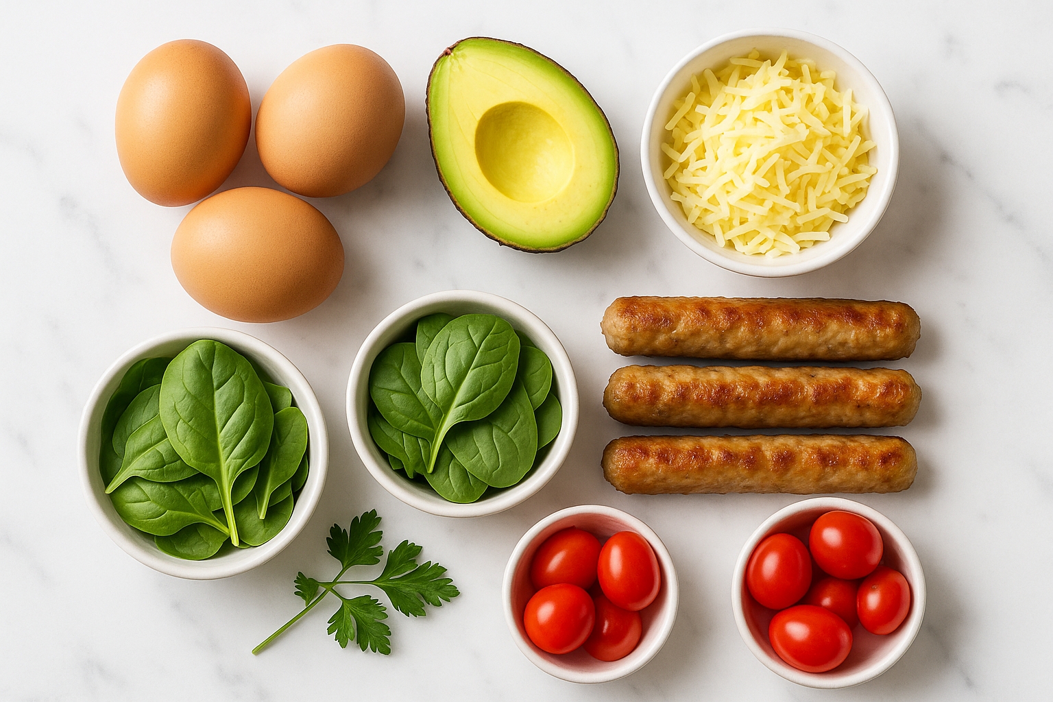 Ingredients for keto breakfast bowl arranged on marble countertop