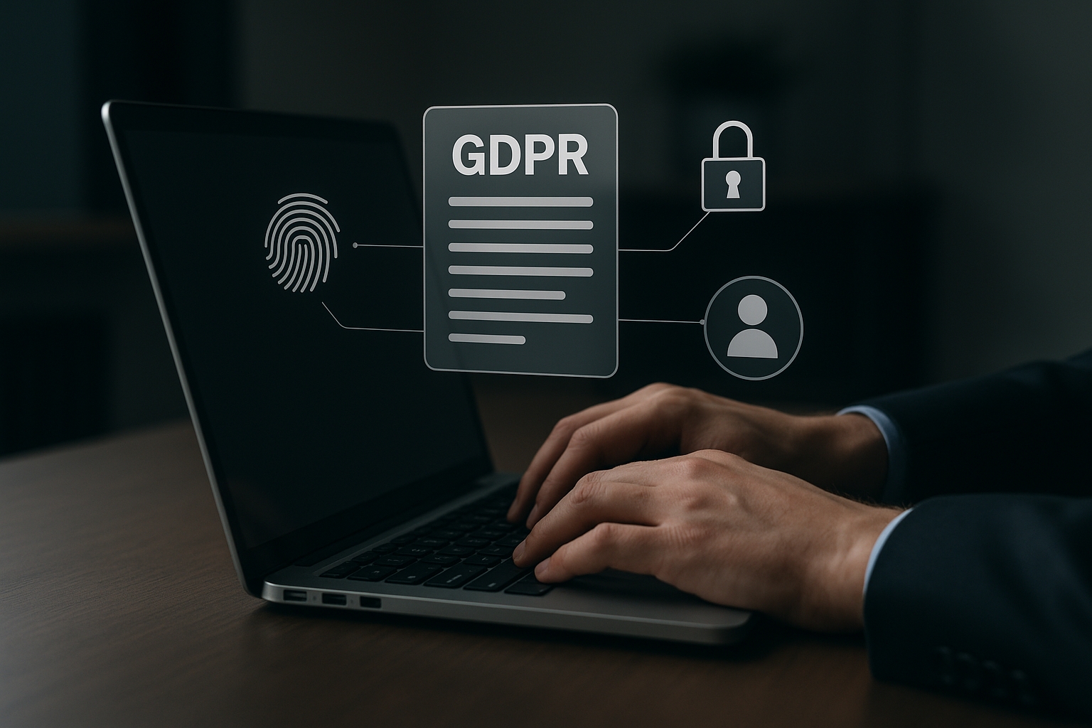 Mains travaillant sur un ordinateur avec des icônes RGPD