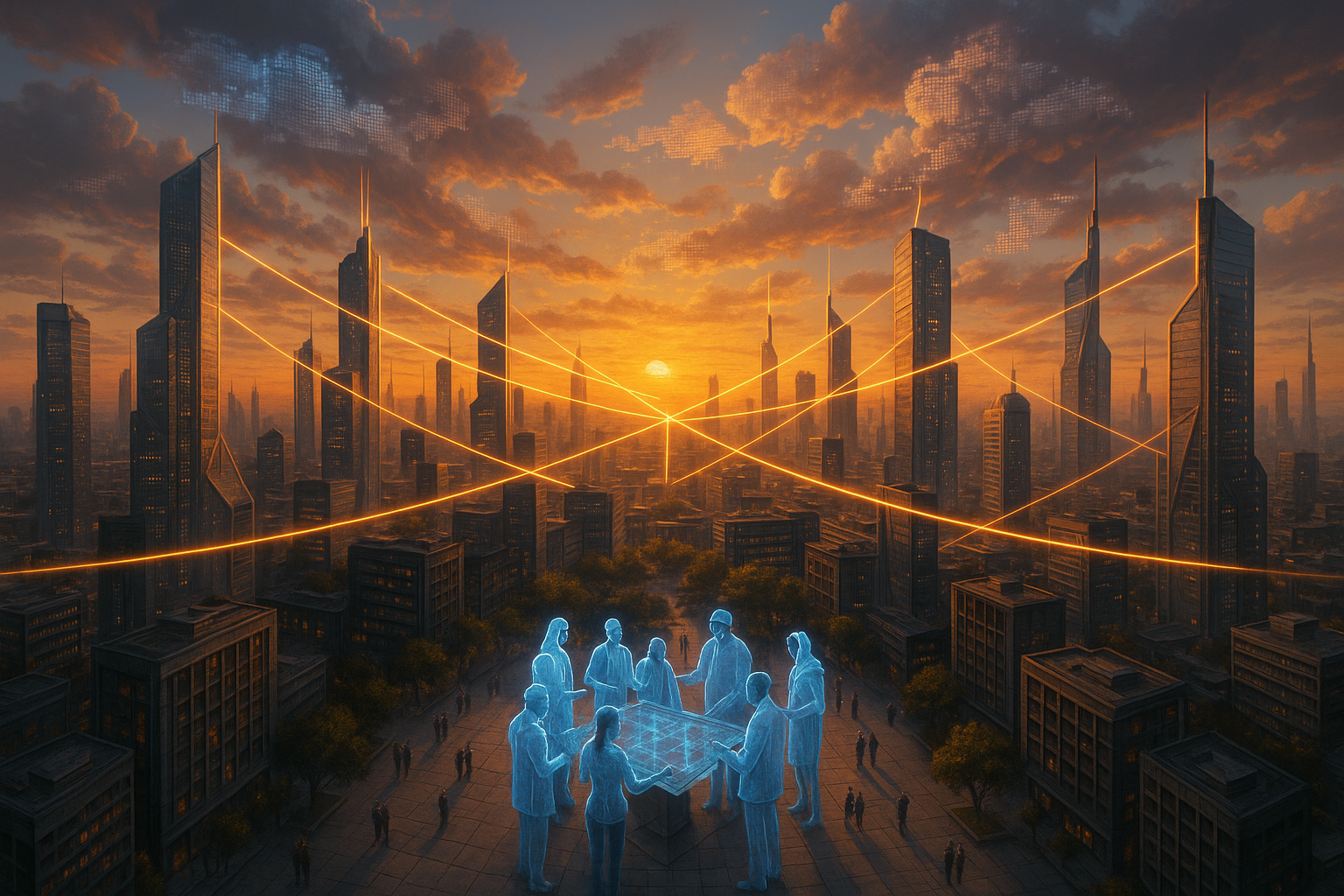 Visione futuristica di una città interconnessa con AI democratizzata