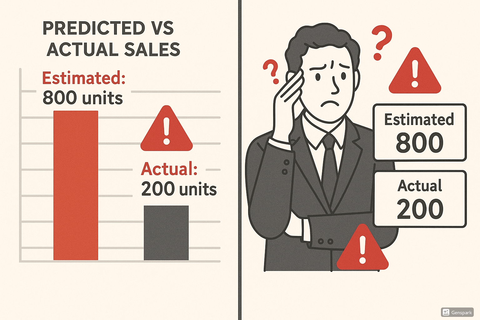 Split-screen comparison showing data accuracy issues: left side shows predicted vs actual sales with large discrepancy bars, right side shows confused seller looking at conflicting numbers. Charts showing "Estimated: 800 units" vs "Actual: 200 units", warning icons, frustrated expressions, professional infographic style with red warning colors