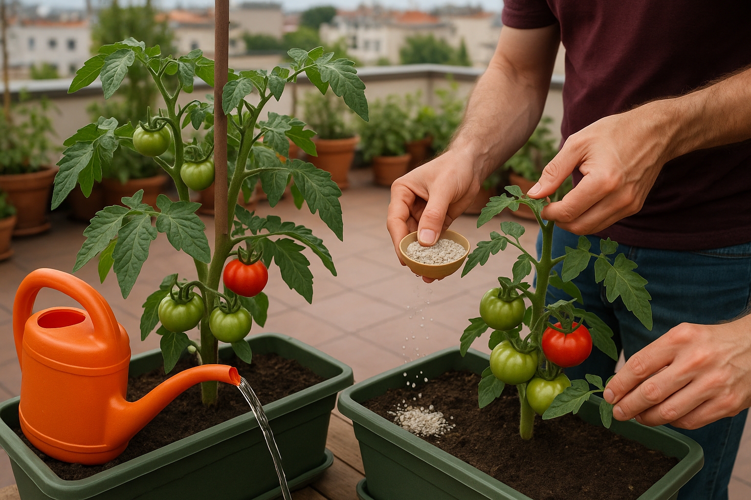 Entretien de plants de tomates sur une terrasse urbaine, montrant les techniques d'arrosage au pied, de fertilisation organique et de taille des gourmands