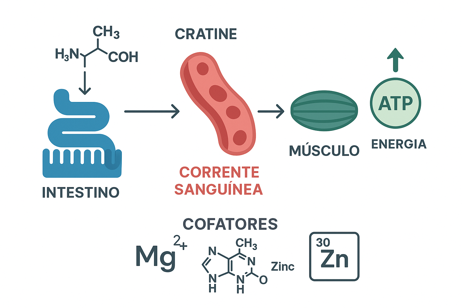 Infográfico do caminho metabólico da creatina: intestino, corrente sanguínea, músculo e formação de ATP