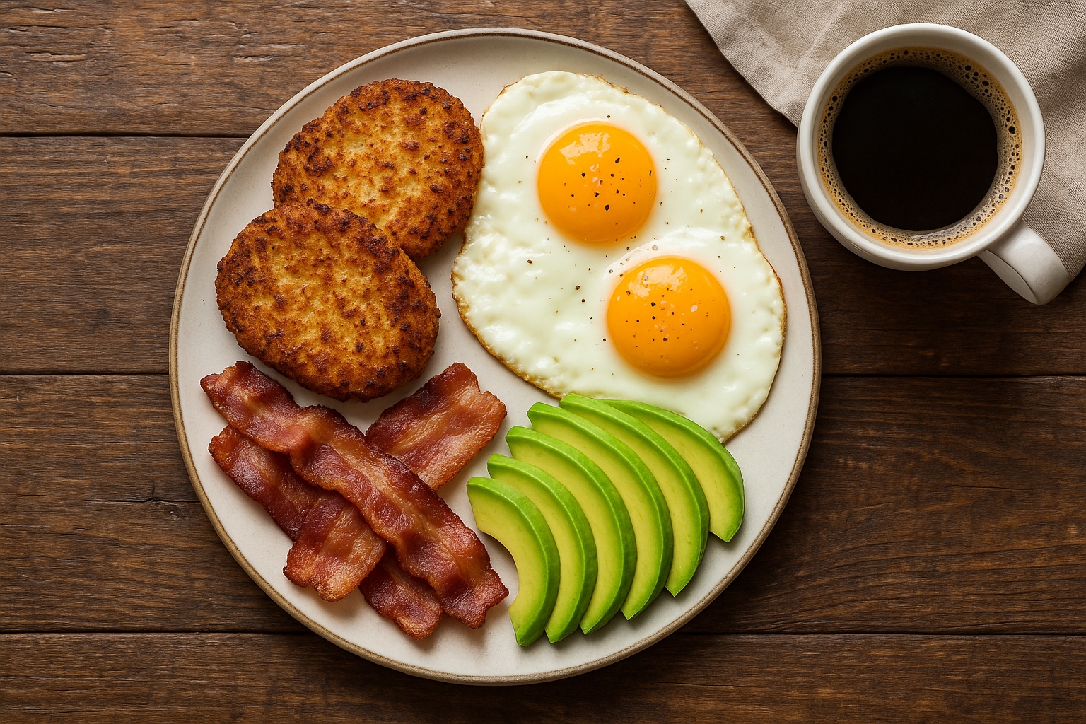 Complete keto breakfast with cauliflower hash browns, eggs, avocado and bacon