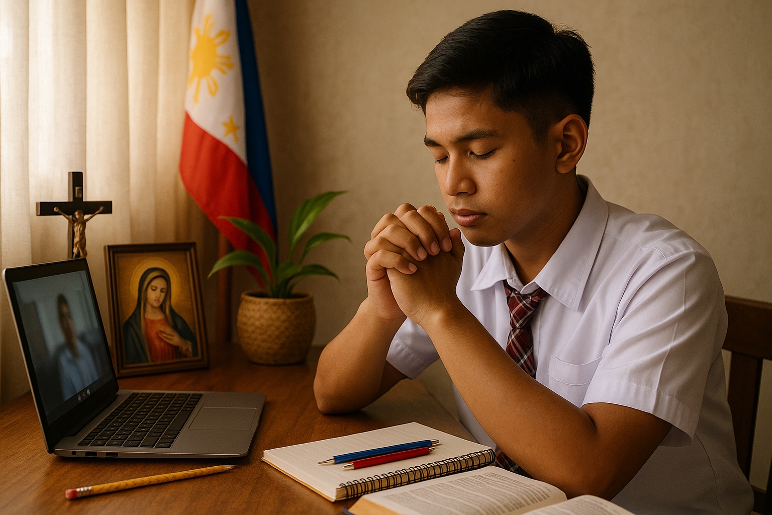 A Filipino student in school uniform praying at a computer desk with a laptop open for online class. The scene shows a serene, spiritual moment with soft lighting, the student with hands clasped in prayer. Filipino cultural elements and school supplies surround the desk, creating a peaceful and inspirational atmosphere.