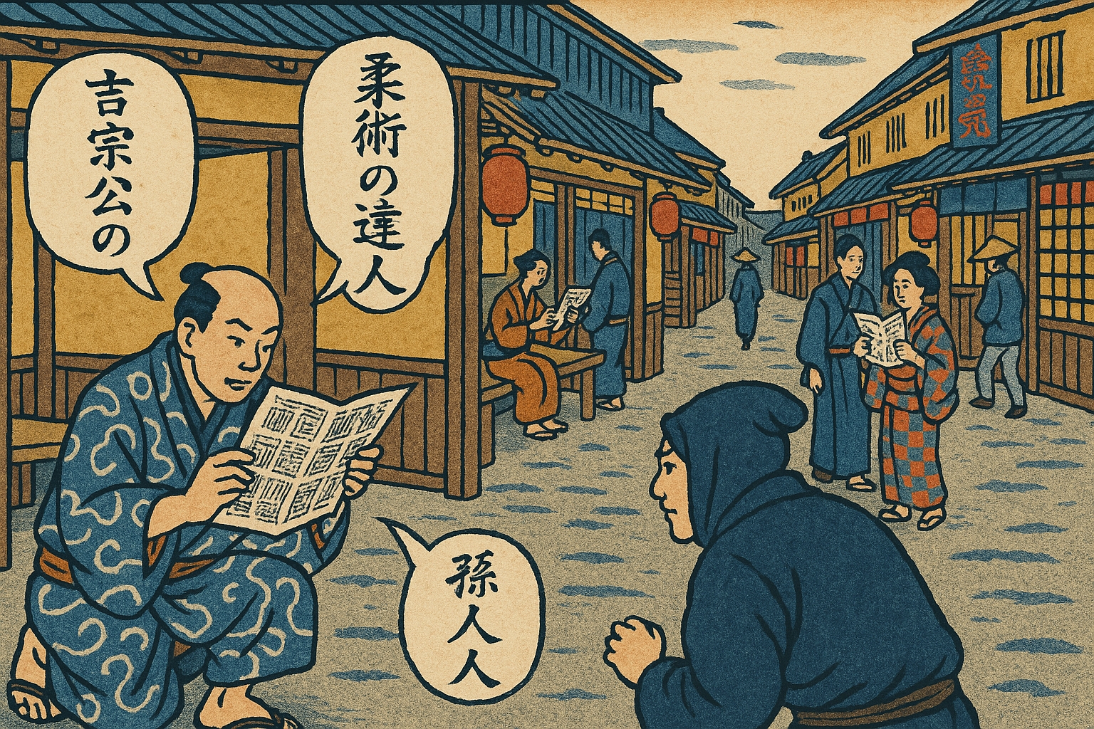松平定信の読売メディア戦略を表現した浮世絵風イラスト