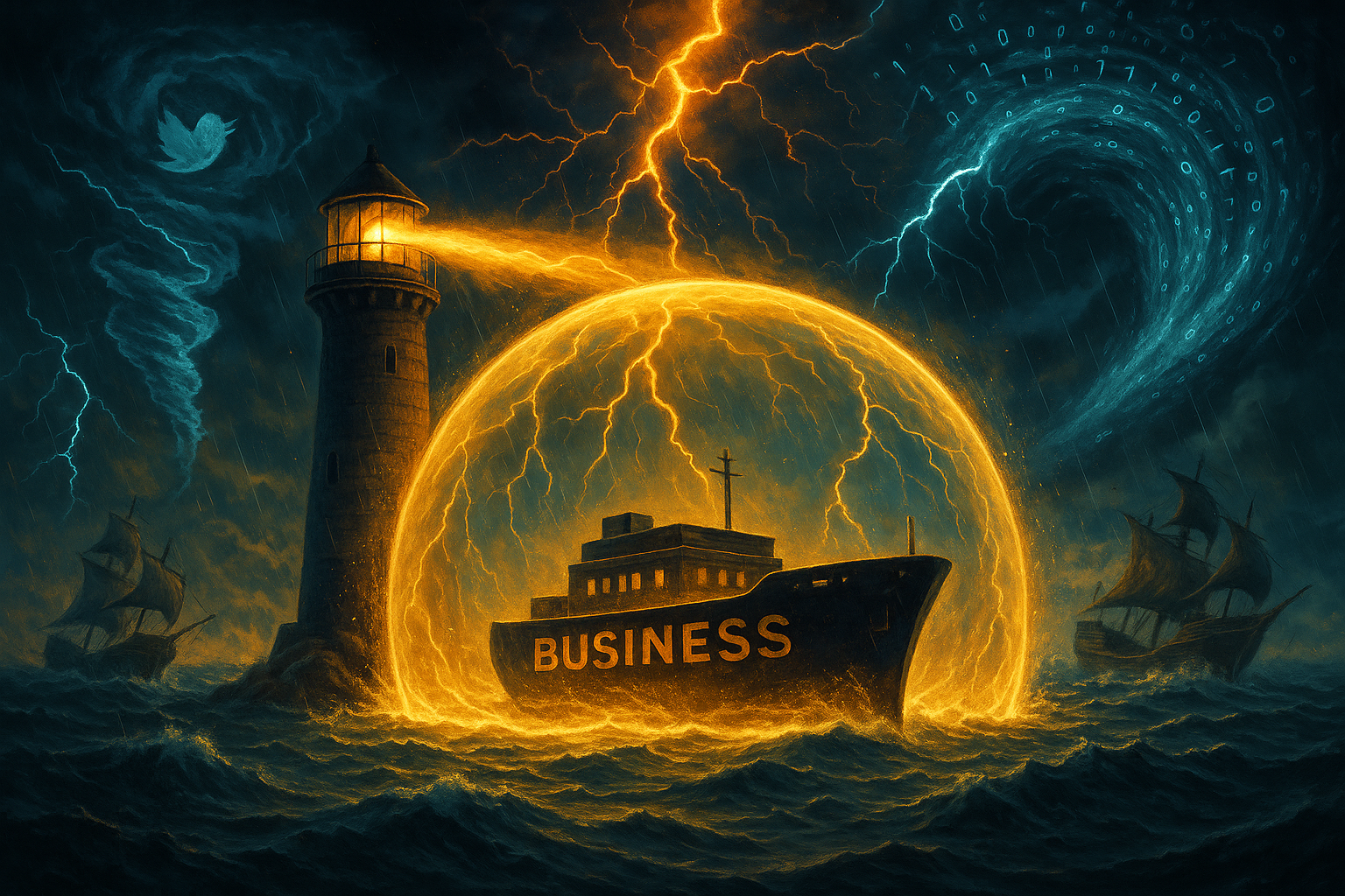 Powerful lighthouse beacon creating protective shield around business vessel during severe digital storms and competitive attacks