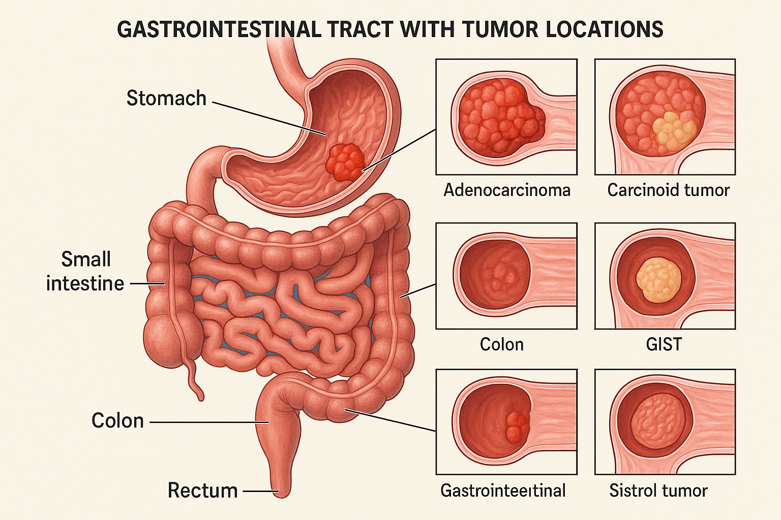 Medical illustration showing gastrointestinal tract with tumor locations