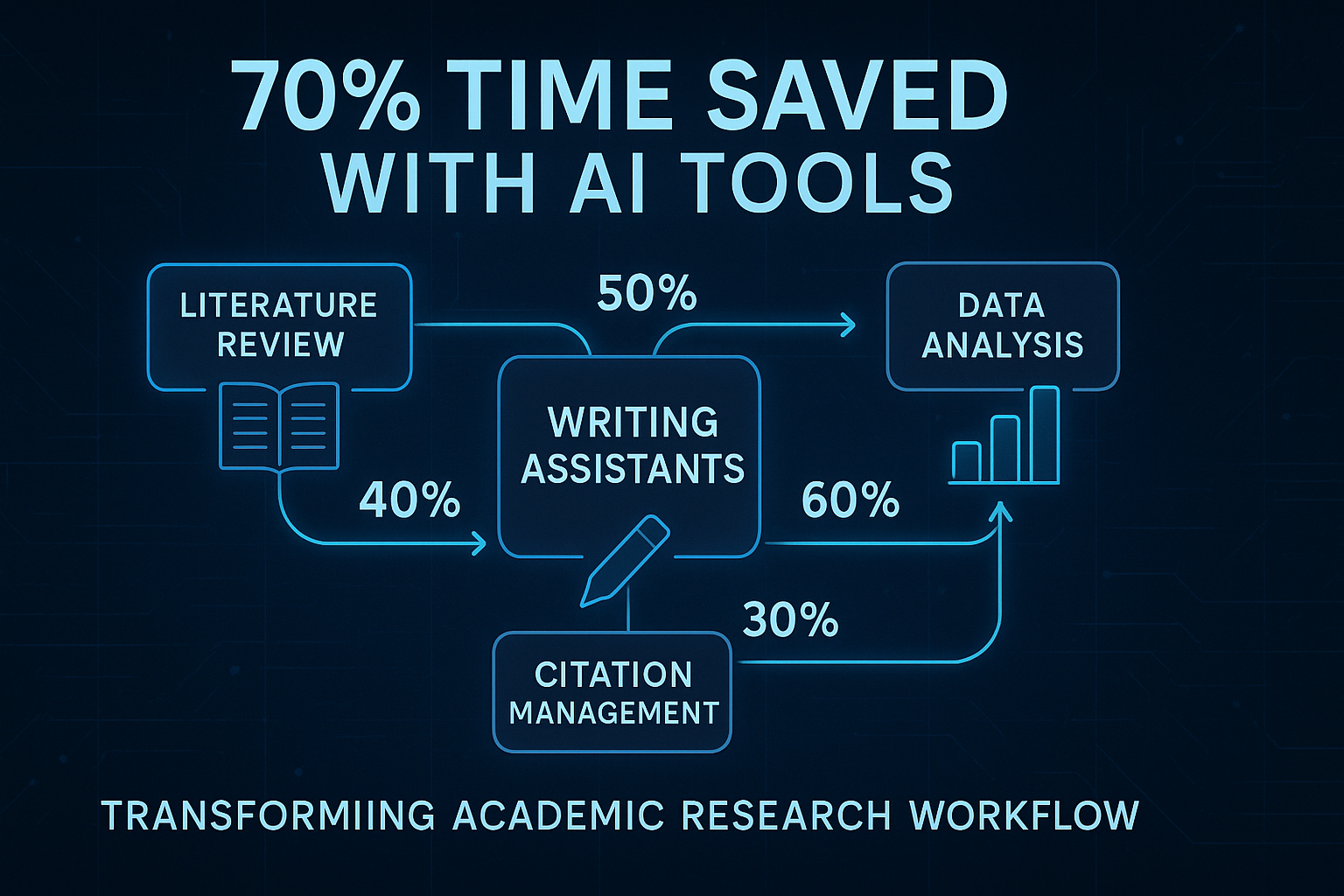 AI research workflow infographic showing interconnected tools and time savings statistics