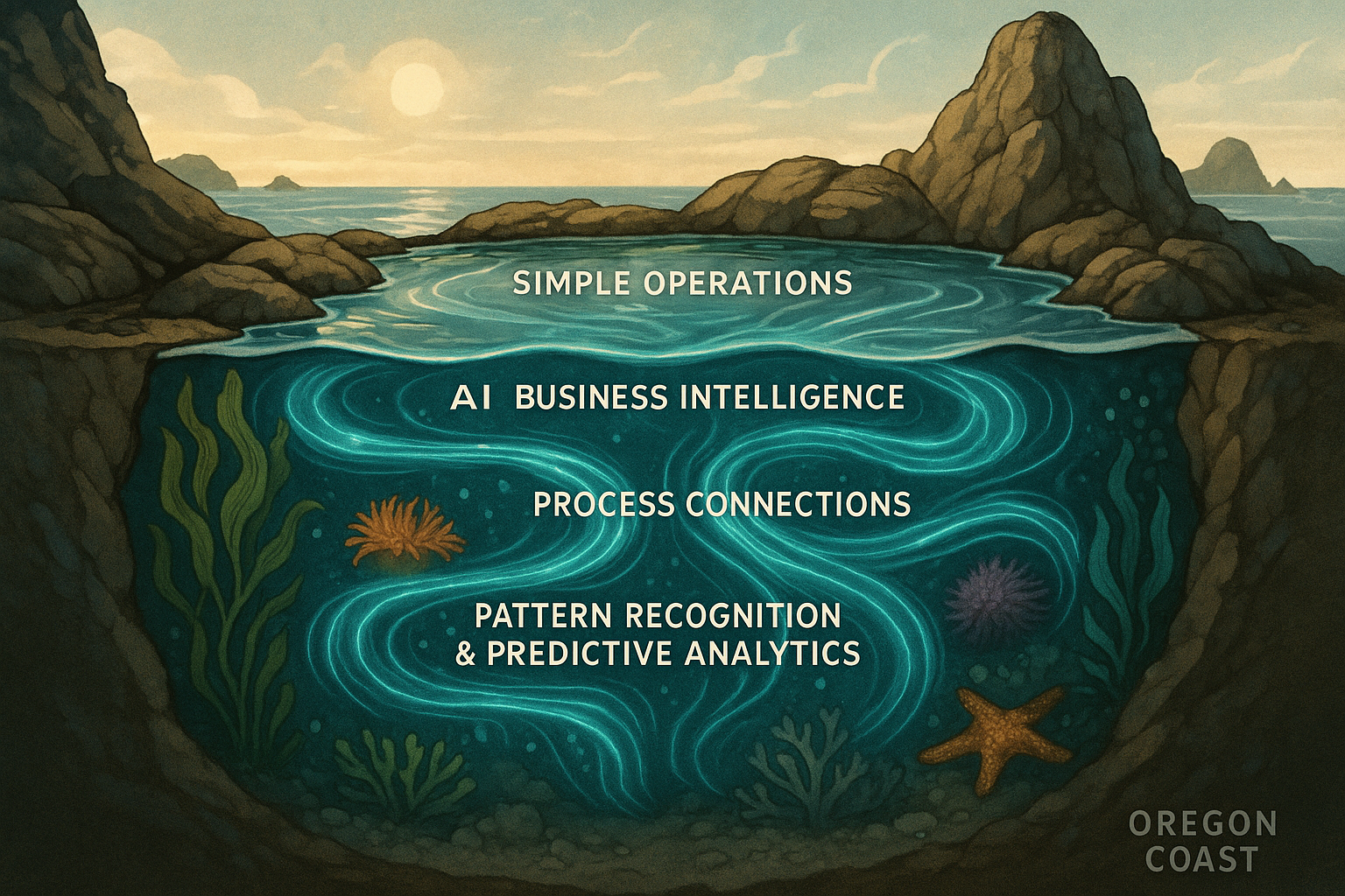 Cross-section view of tide pool showing hidden underwater ecosystem with AI business intelligence flowing between different operational levels