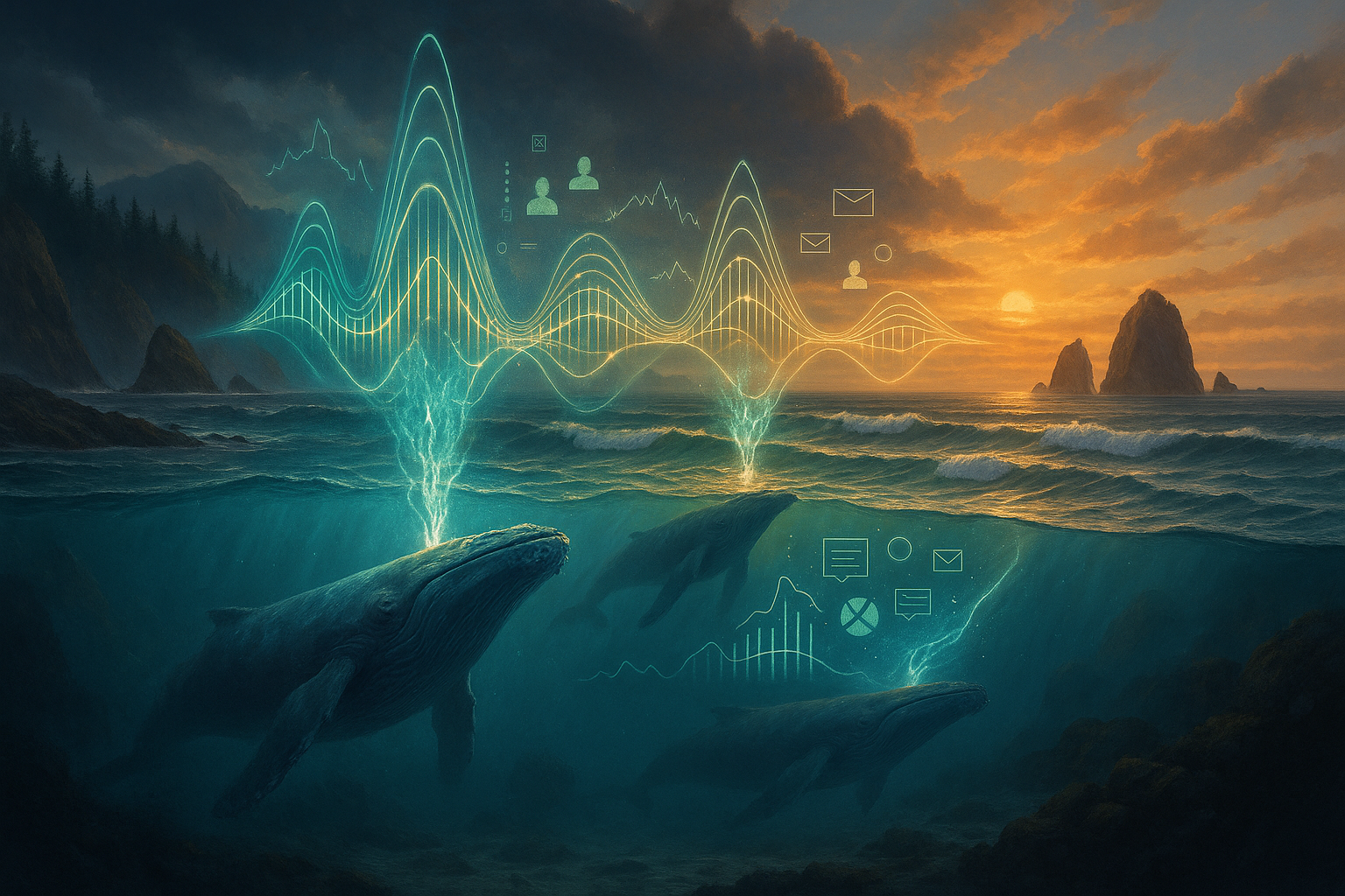 Majestic Oregon Coast whales singing beneath the surface with luminous sound waves transforming into customer insights