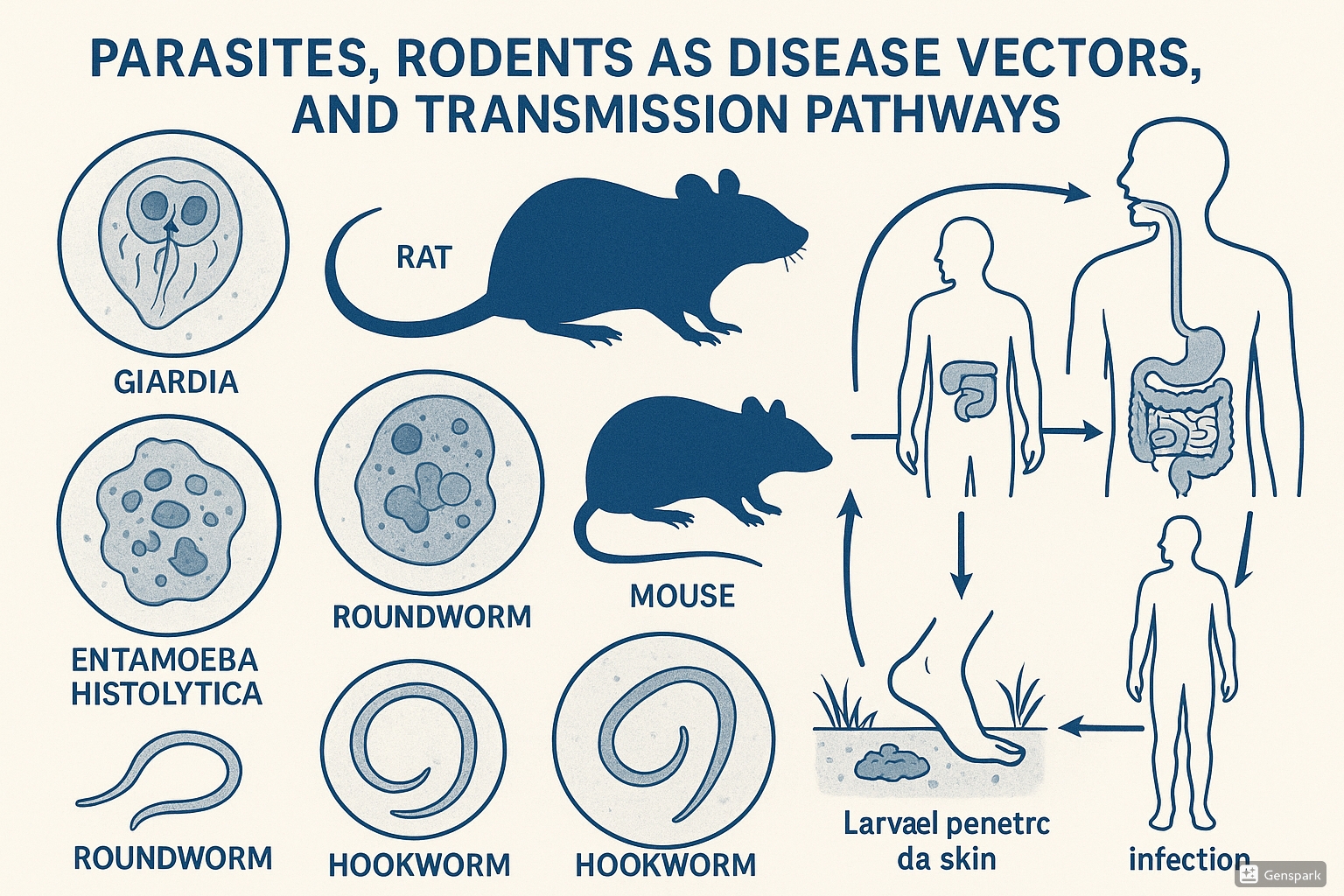 Medical illustration showing parasites, rodents as disease vectors, and transmission pathways
