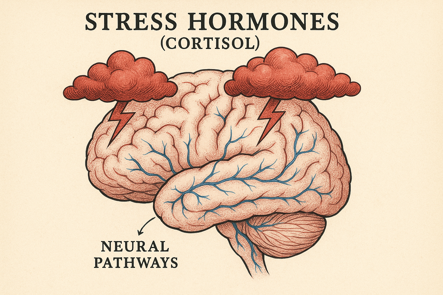 Brain illustration showing stress hormones affecting neural pathways