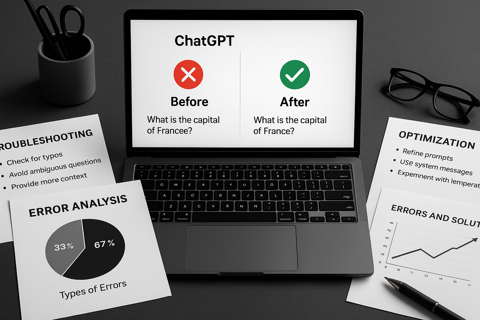 ChatGPT prompting mistakes - professional setup showing before/after prompts with error analysis and optimization tools
