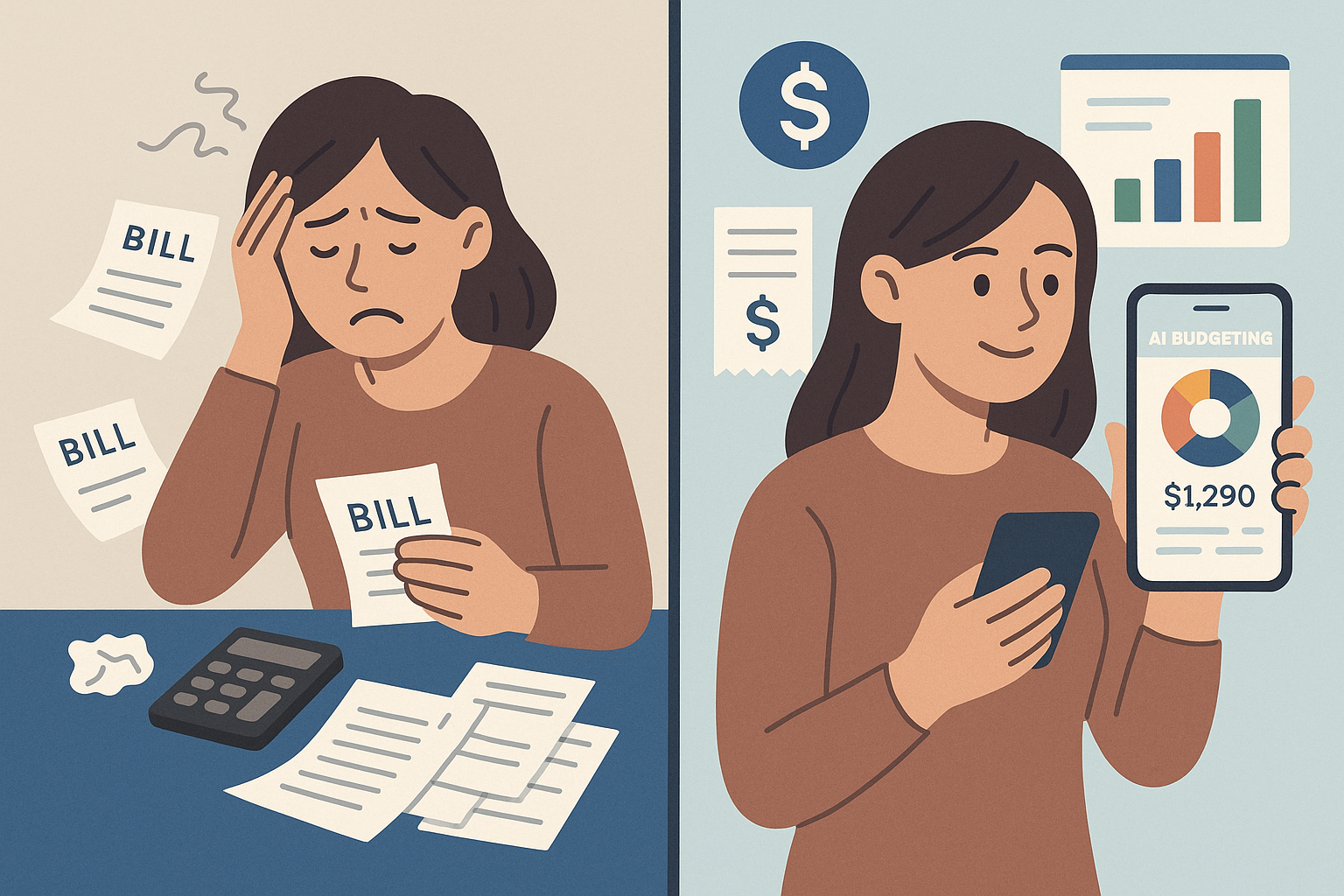 Before and after: stressed mom with papers vs calm mom with AI budgeting app