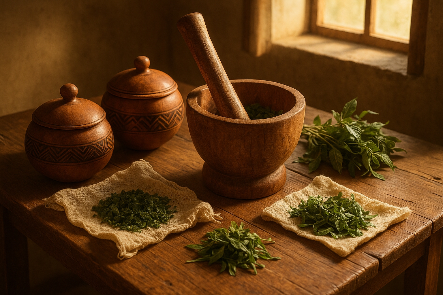 Yoruba Herbal Medicine | A wooden table with traditional Yoruba herbal preparation tools