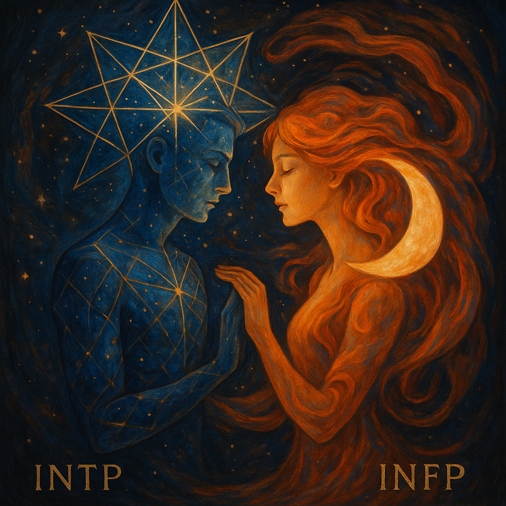 Artistic representation of INTP and INFP personalities as complementary cosmic elements