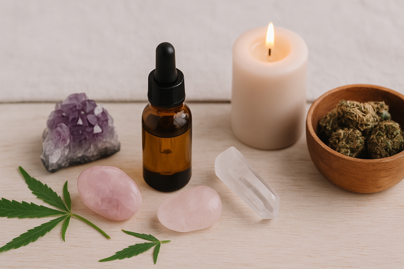 CBD et lithothérapie - cristaux et huile de CBD pour rituel bien-être holistique