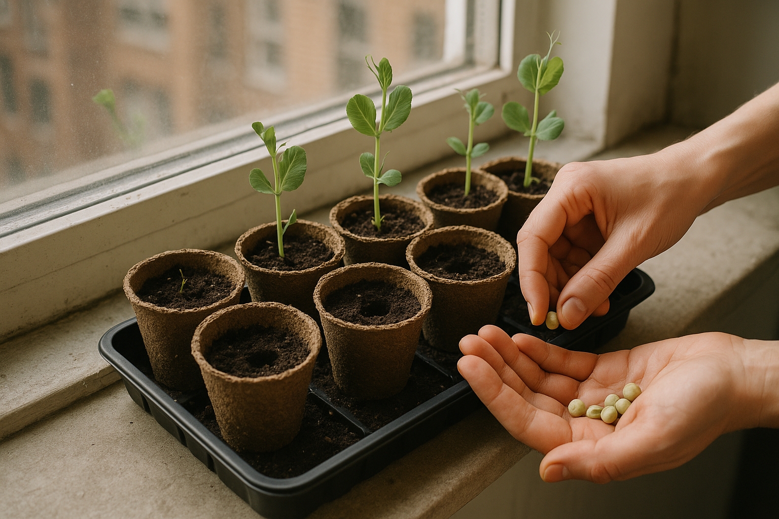 Semis de petits pois sur un rebord de fenêtre urbain