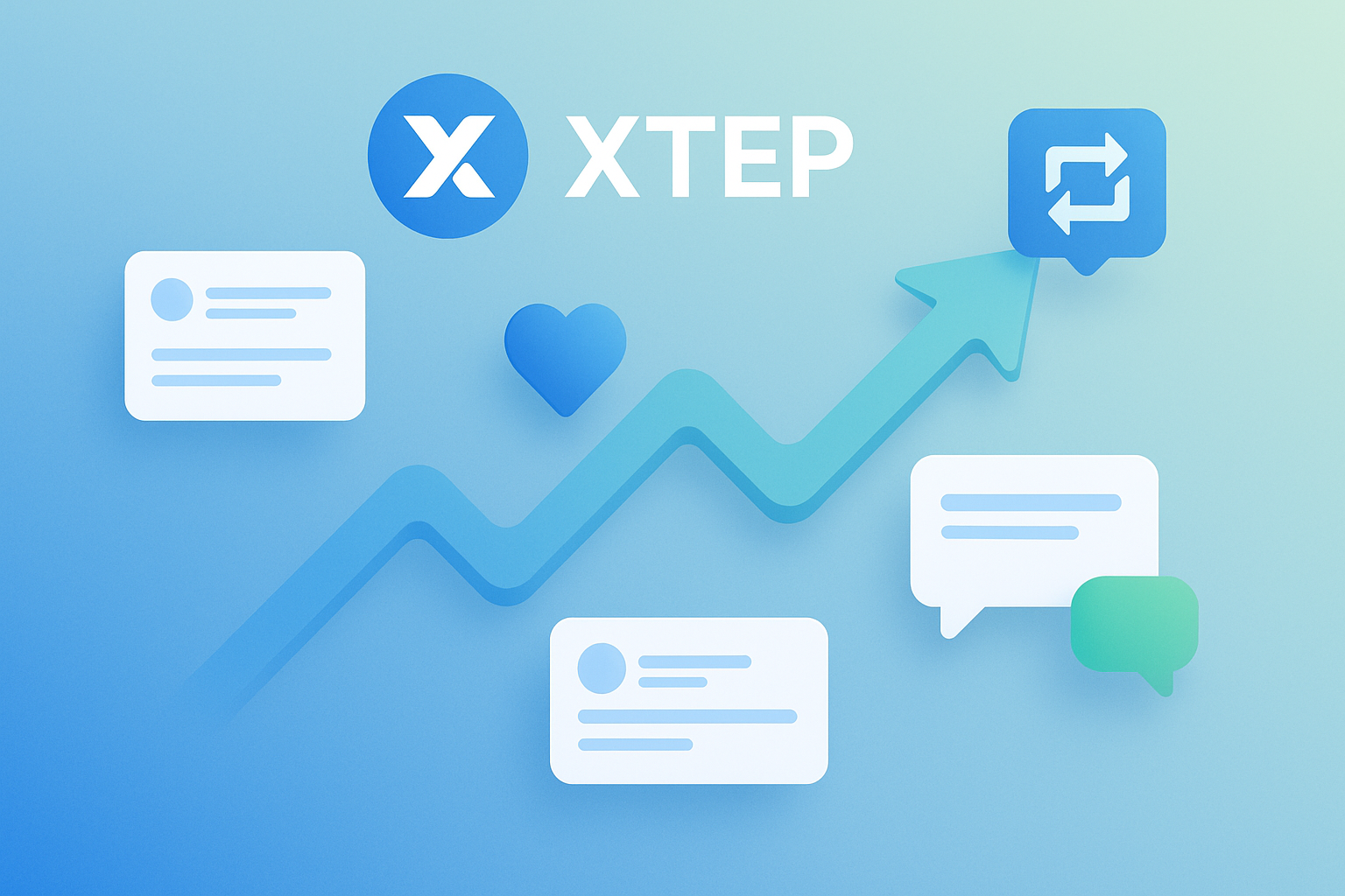 A modern and intuitive illustration of the XTEP mechanism featuring a smooth flow of interaction, including elements like likes, reposts, and replies. Incorporate the XTEP logo prominently to enhance brand recognition. Use cool tones like blue and green with soft gradients to convey professionalism and depth. The flow should appear seamless and dynamic, depicted with zigzag or wave-like patterns to naturally guide the viewer's eye. Emphasize a sense of lightness and futurism to instantly communicate the ease and effectiveness of automation. Size: 1000x600px.