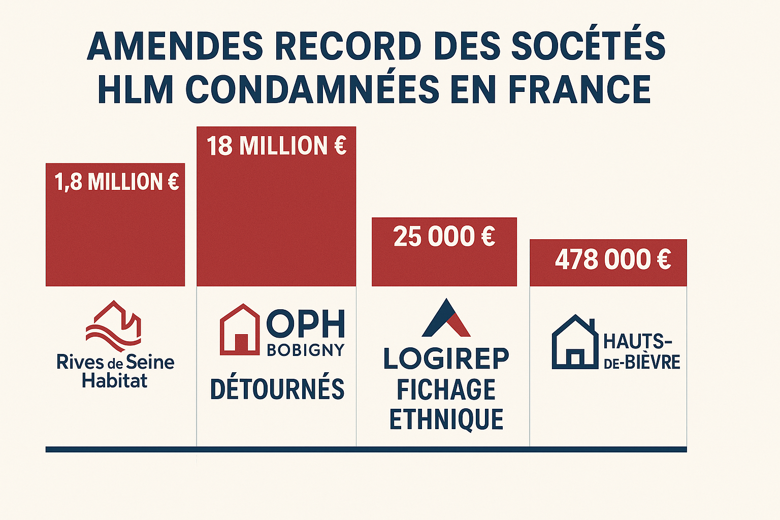 Infographie professionnelle montrant les amendes record des sociétés HLM condamnées en France. Graphique en barres avec : Rives de Seine Habitat 1,8 million €, OPH Bobigny 18 millions € détournés, Logirep 25 000 € fichage ethnique, Hauts-de-Bivre 478 000 €. Style moderne avec couleurs rouge et bleu, typographie claire, logos officiels stylisés