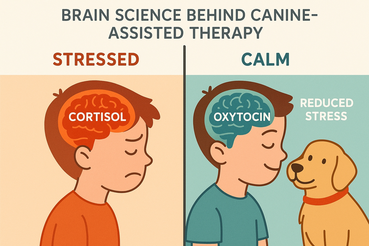 Brain science infographic showing stress reduction through canine therapy