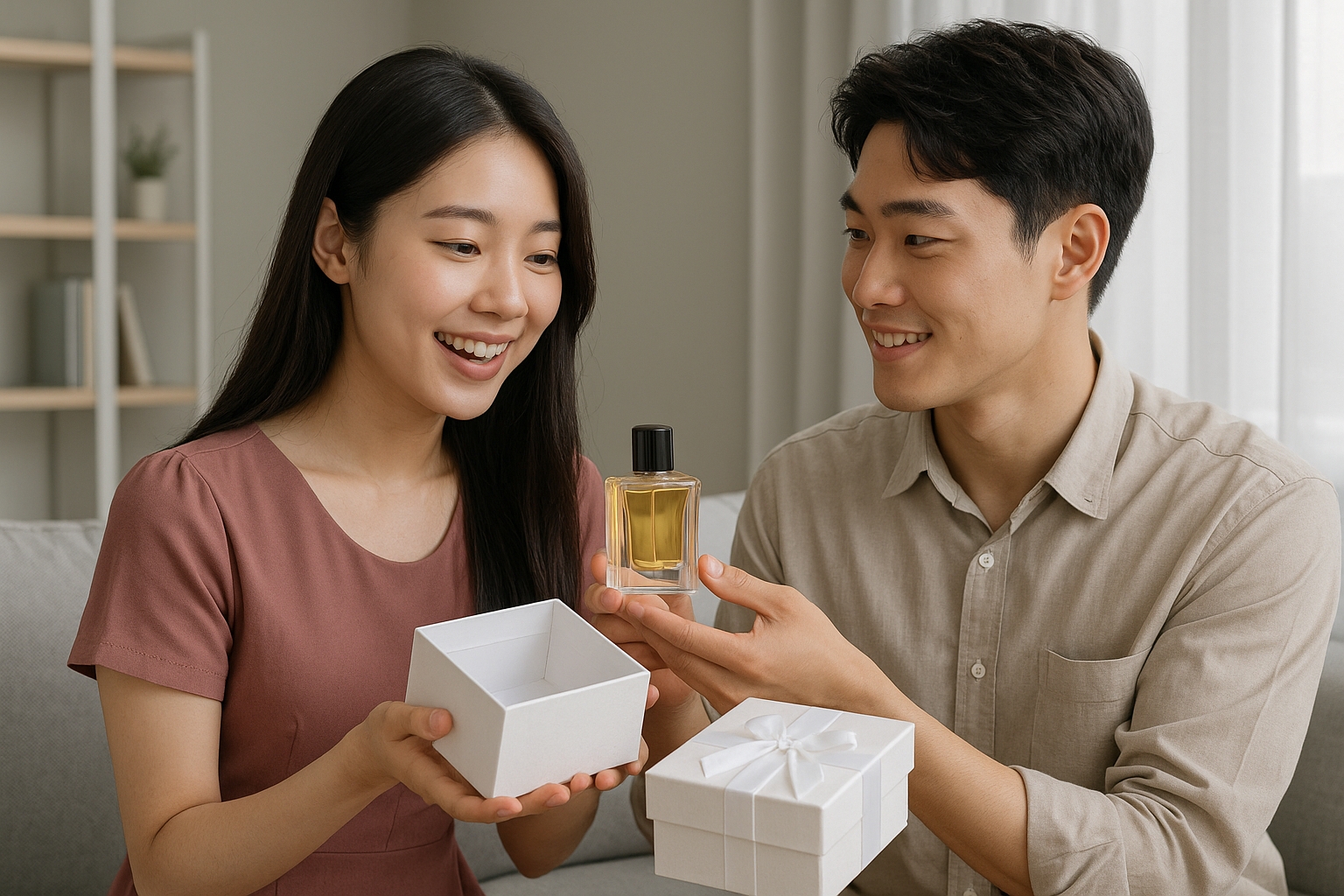 향수를 선물받는 모습