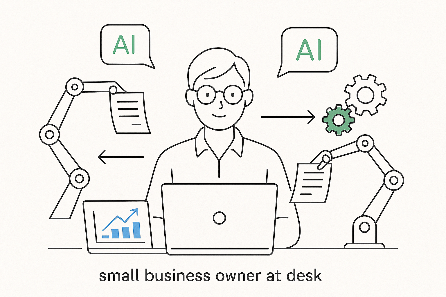 SME business owner collaborating with AI automation tools at desk, showing the transformation from manual work to AI-assisted productivity