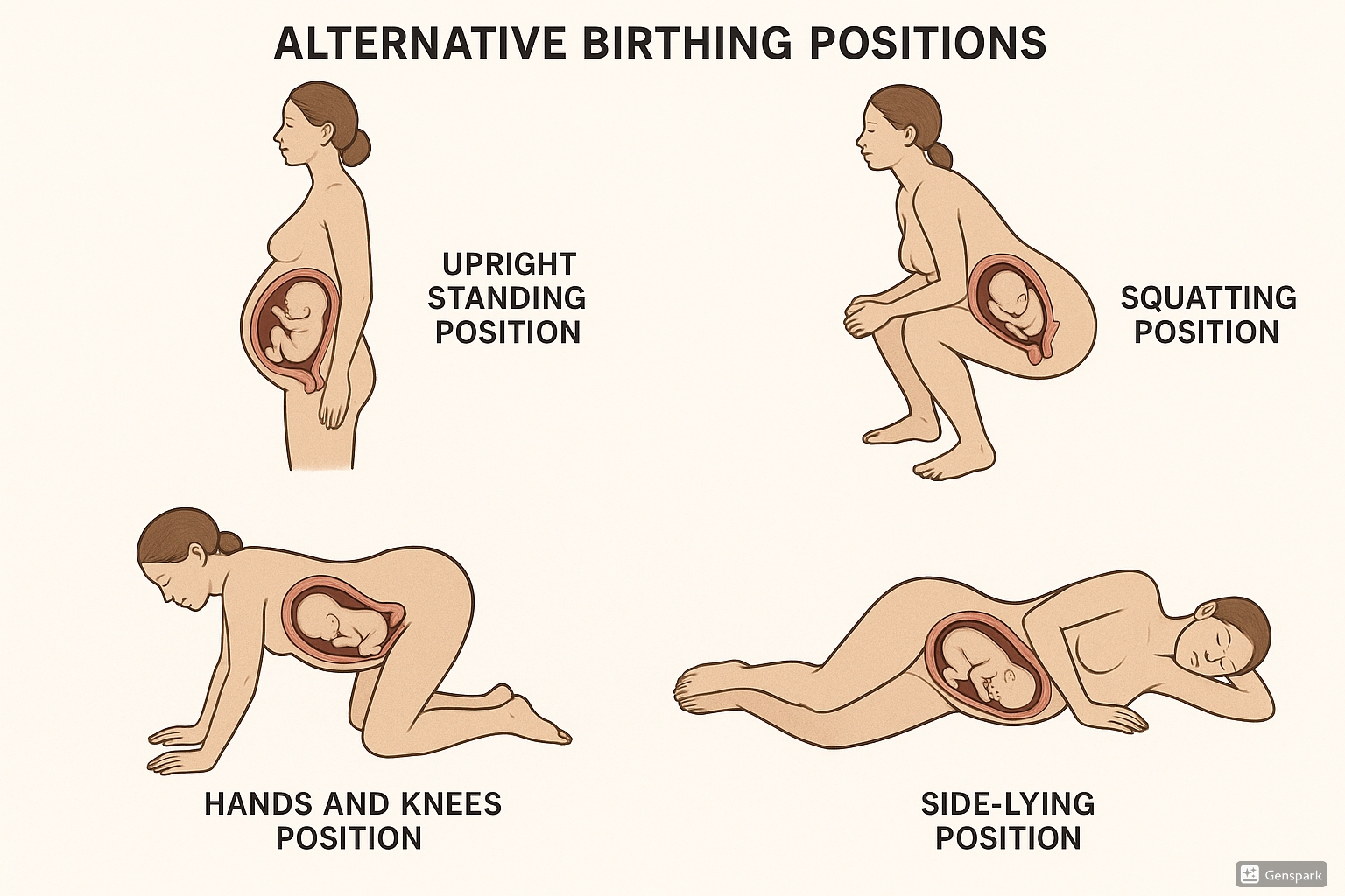Alternative birthing positions showing upright standing, squatting, hands and knees, and side-lying positions