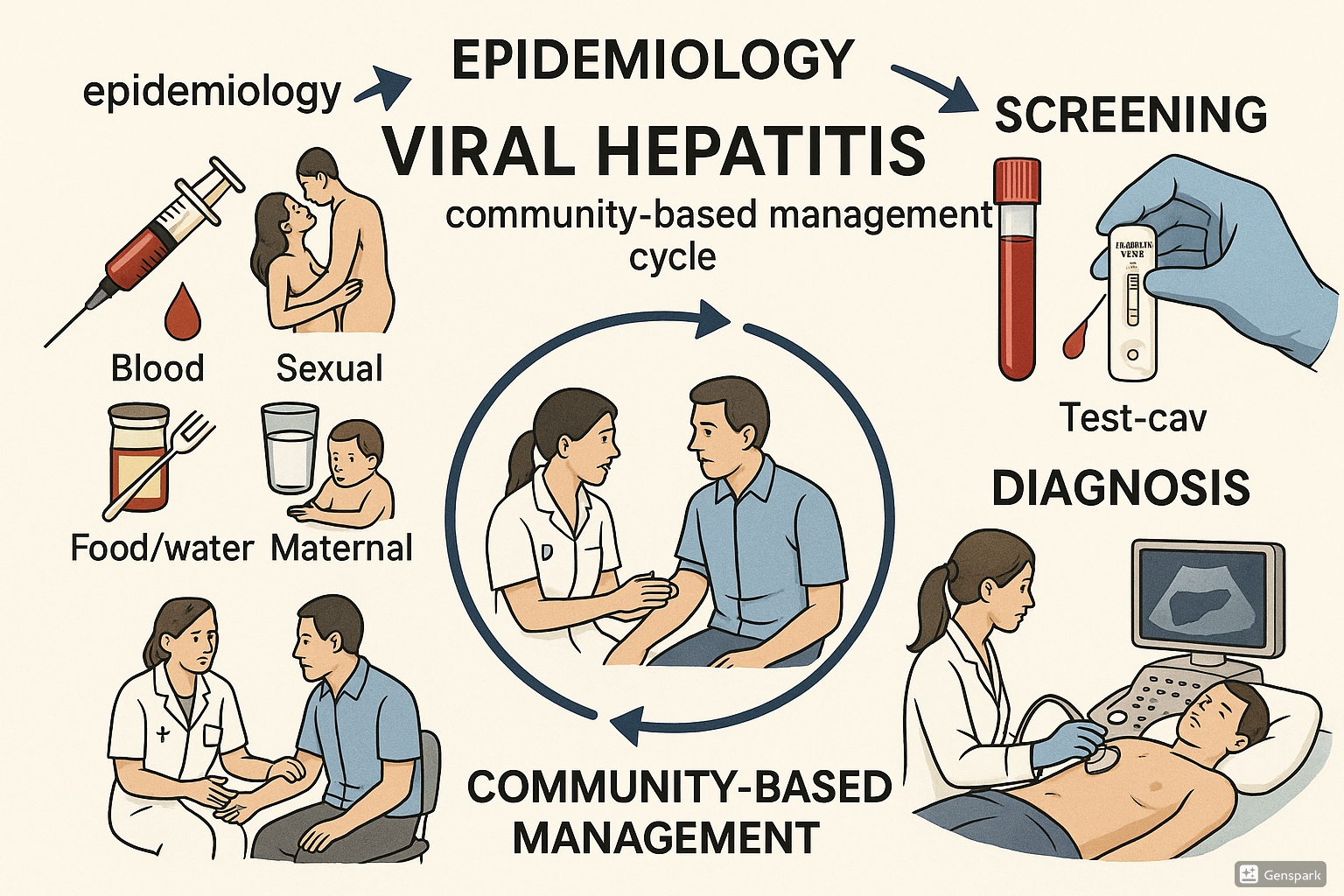 Viral hepatitis treatment in community diagram showing epidemiology, screening, diagnosis, and community-based management cycle