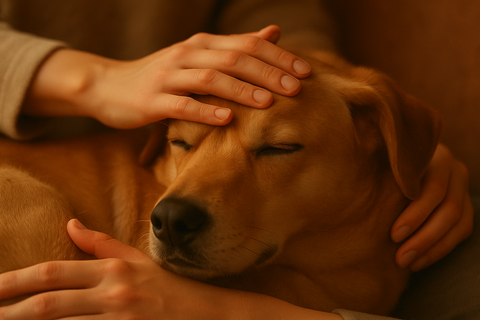 Close-up of hands gently petting a calm dog, showing the physical connection that releases oxytocin