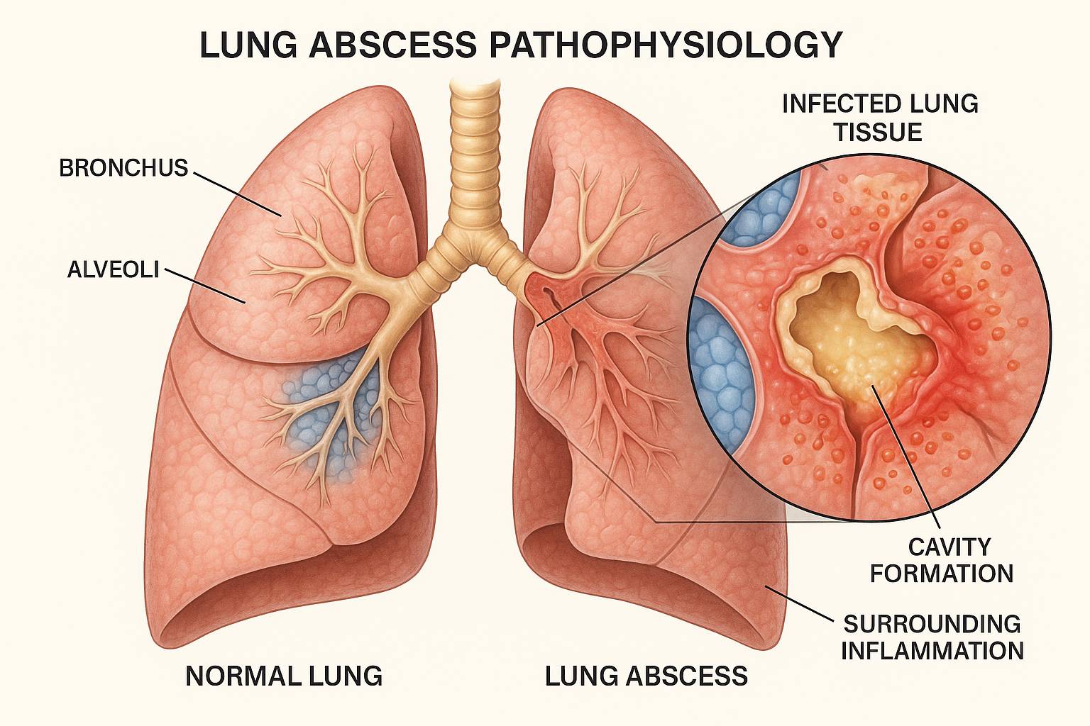 Medical illustration showing lung abscess pathophysiology with cross-section of infected lung tissue, cavity formation, and inflammatory response