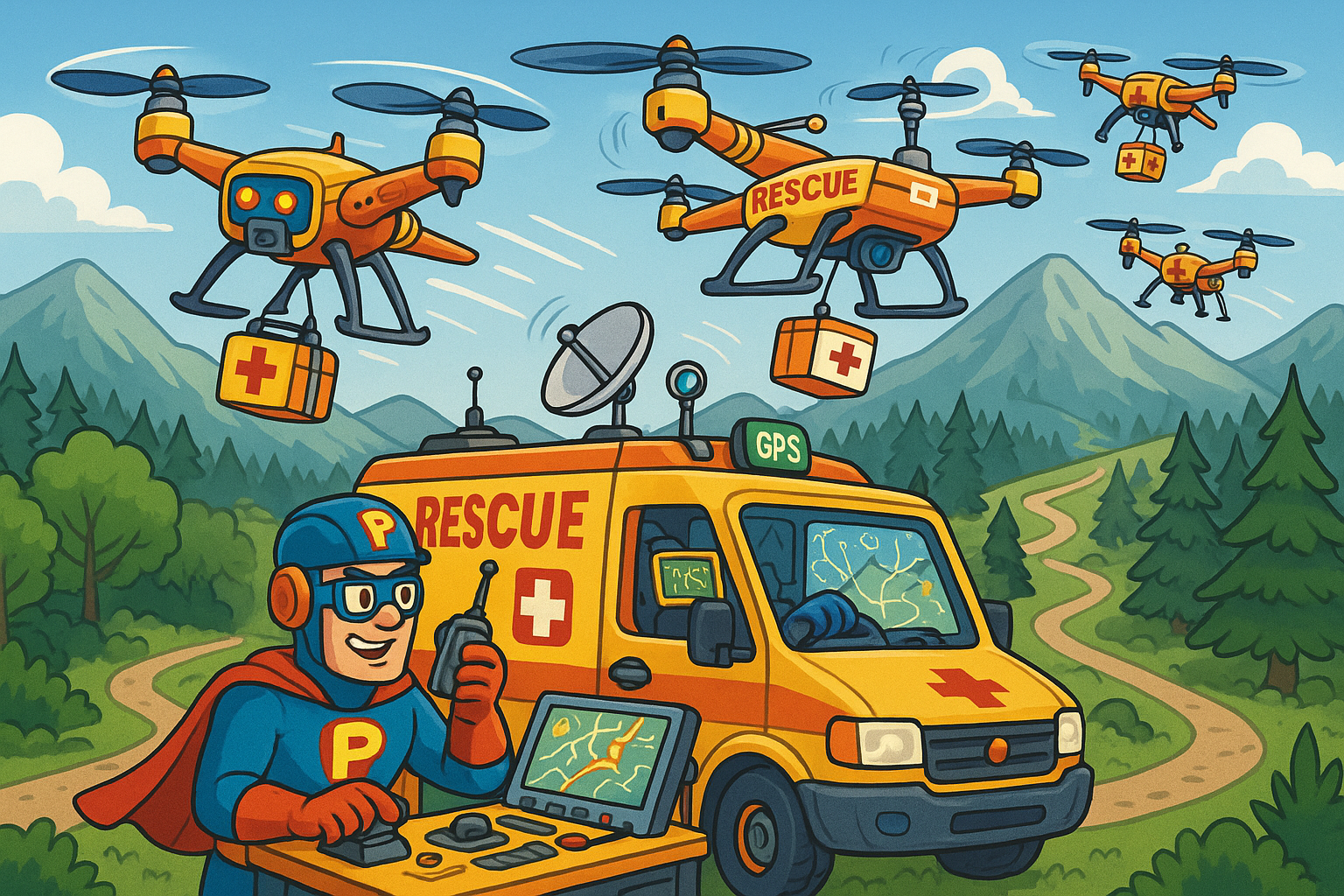 Captain Pixel launching search and rescue drones with thermal imaging and GPS systems
