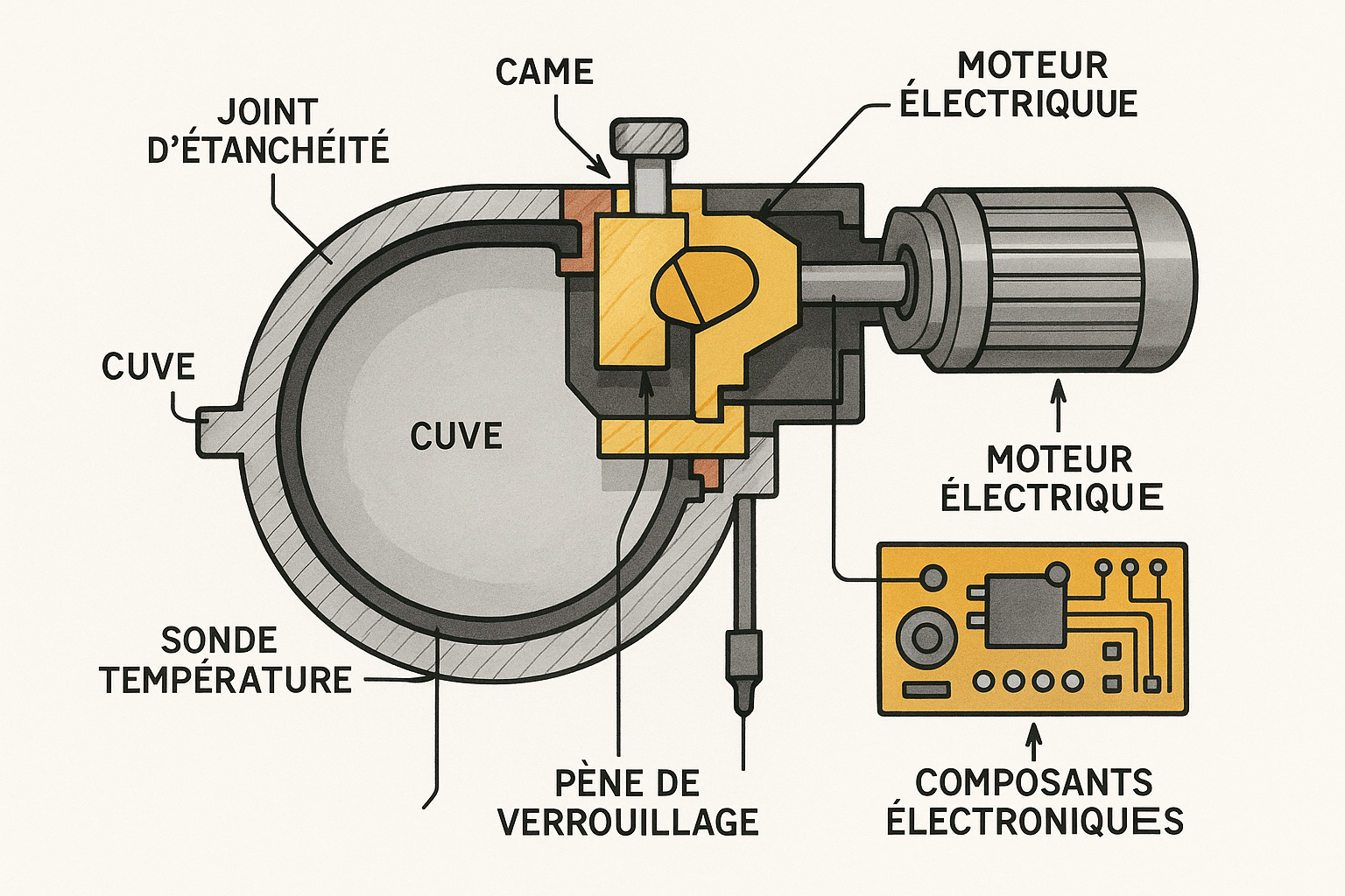 SCHÉMA TECHNIQUE DÉTAILLÉ DU MÉCANISME DE VERROUILLAGE D'AUTOCLAVE MÉDICAL, COUPE TRANSVERSALE MONTRANT SYSTÈME DE CAME, PÊNE DE VERROUILLAGE, CAPTEUR DE PRESSION, SONDE DE TEMPÉRATURE, MOTEUR ÉLECTRIQUE, COMPOSANTS ÉLECTRONIQUES, ANNOTATIONS TECHNIQUES EN FRANÇAIS, STYLE INGÉNIERIE INDUSTRIELLE, FOND BLANC