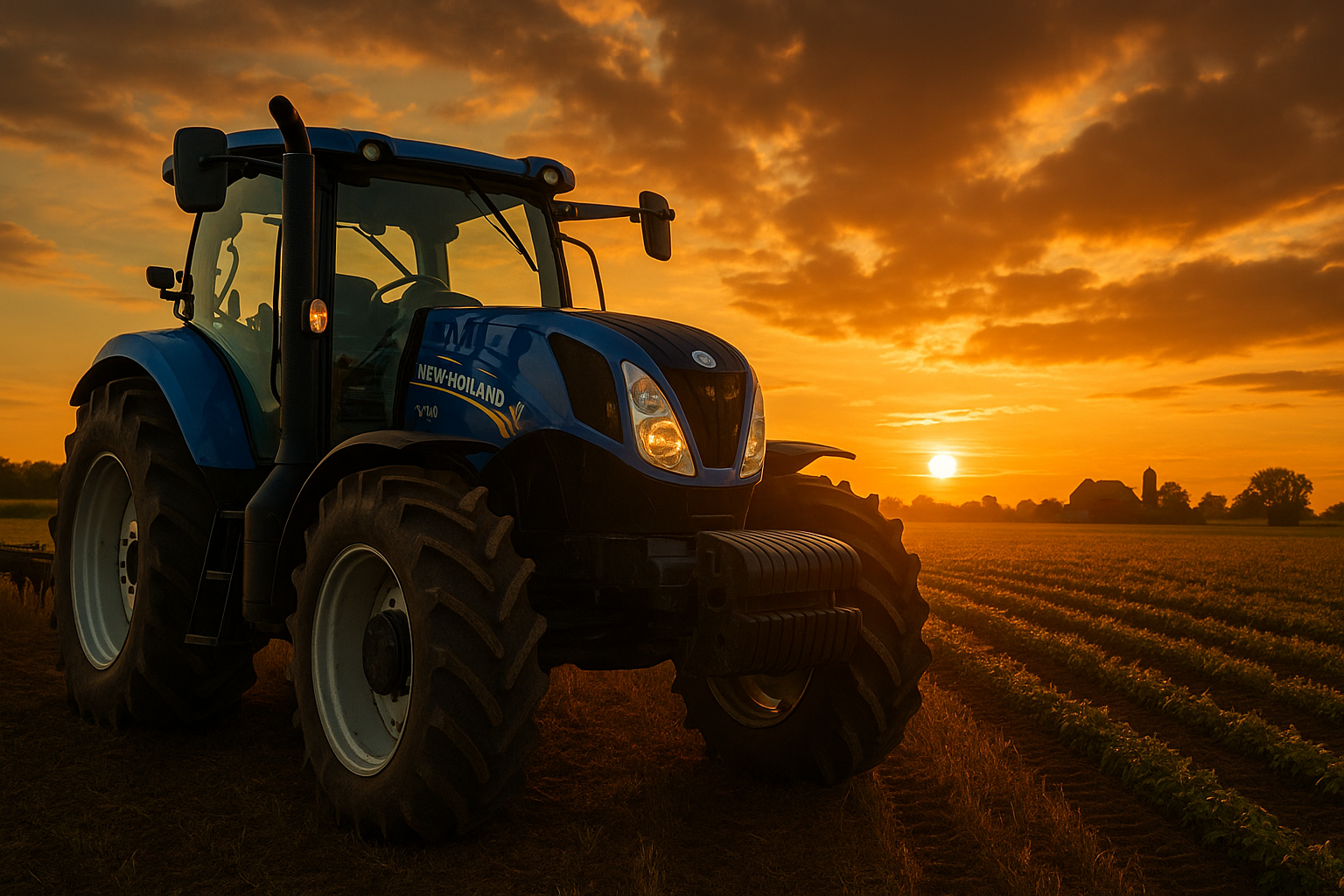 Trator agrícola em campo durante pôr do sol