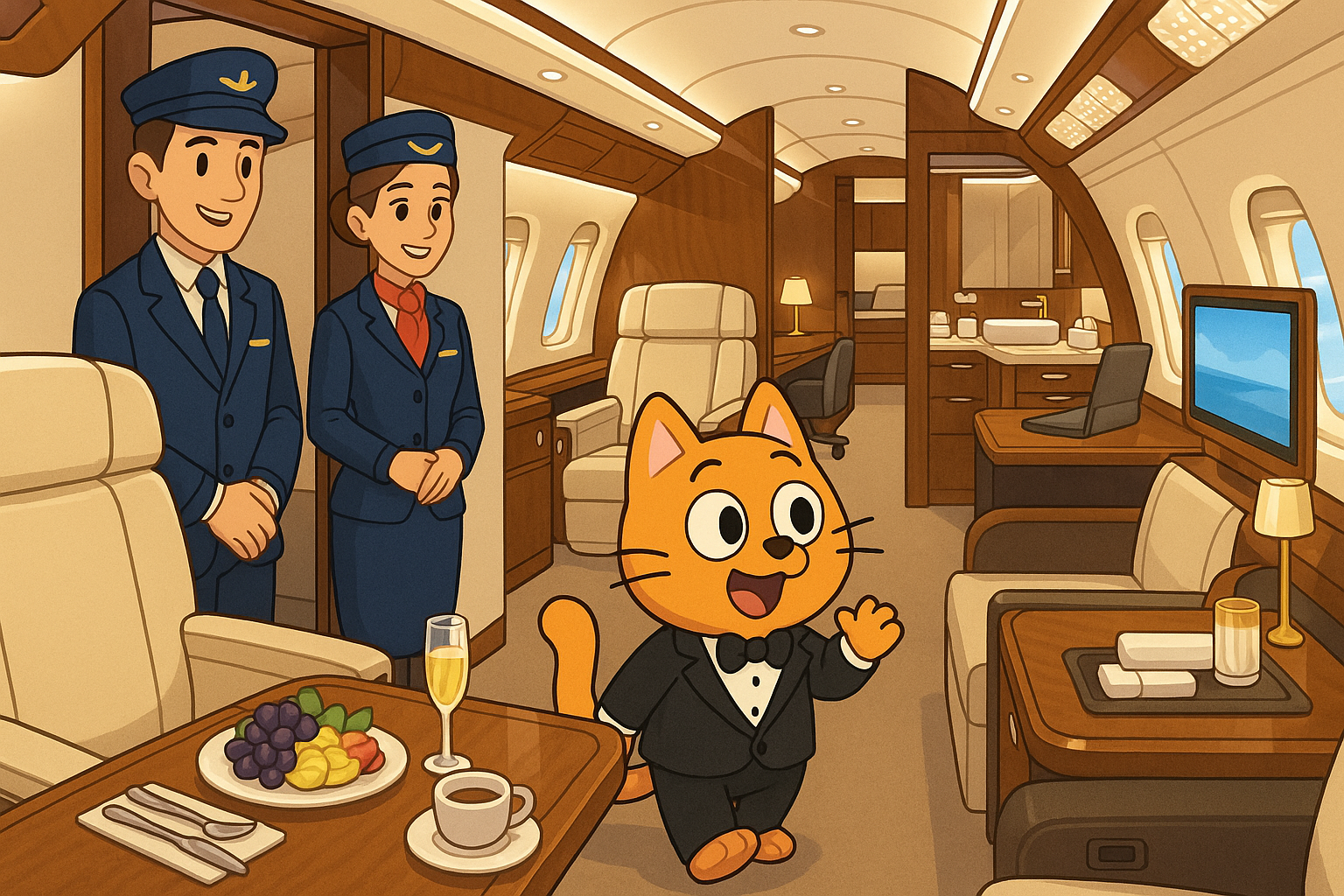 VIP Cat entering luxurious Global 7500 cabin interior