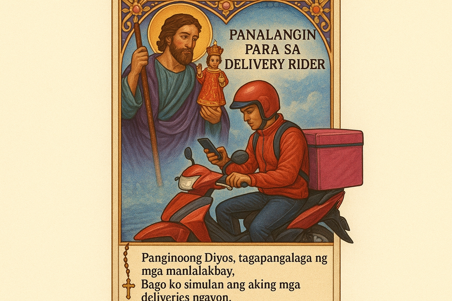 Modern Filipino Catholic prayer card titled 'Panalangin Para sa Delivery Rider' showing food delivery motorcyclist with smartphone and delivery box, Saint Christopher imagery, and Santo Niño figure. Uses delivery service reds and oranges with Tagalog prayer addressing navigation, weather challenges and customer interactions.