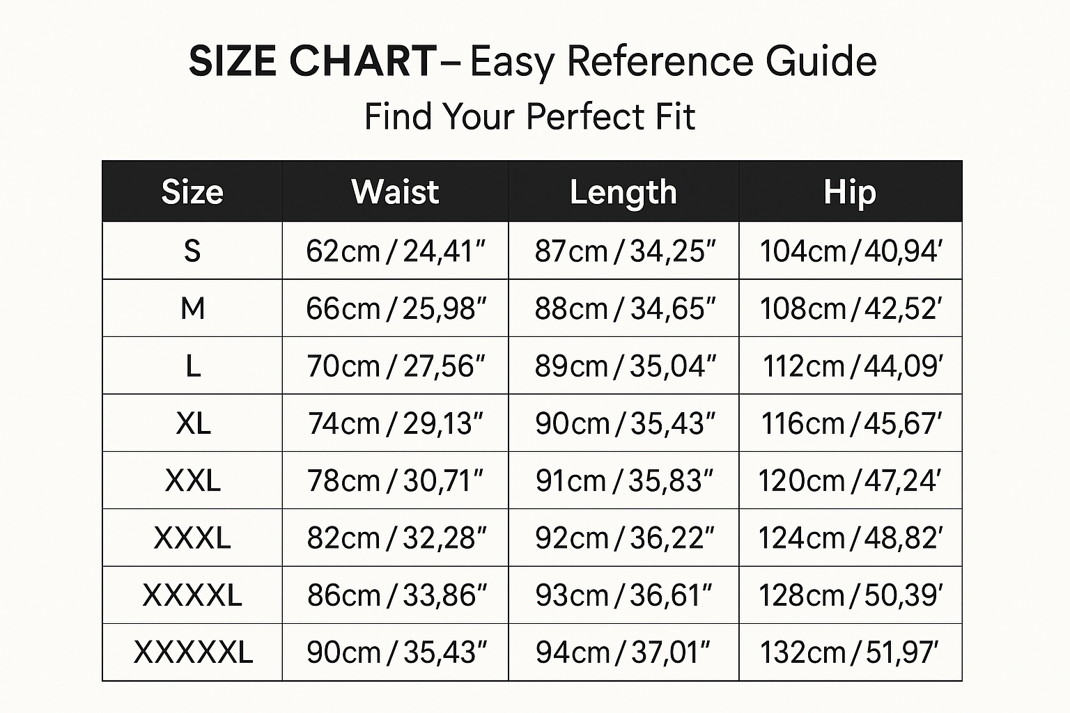Professional Size Chart