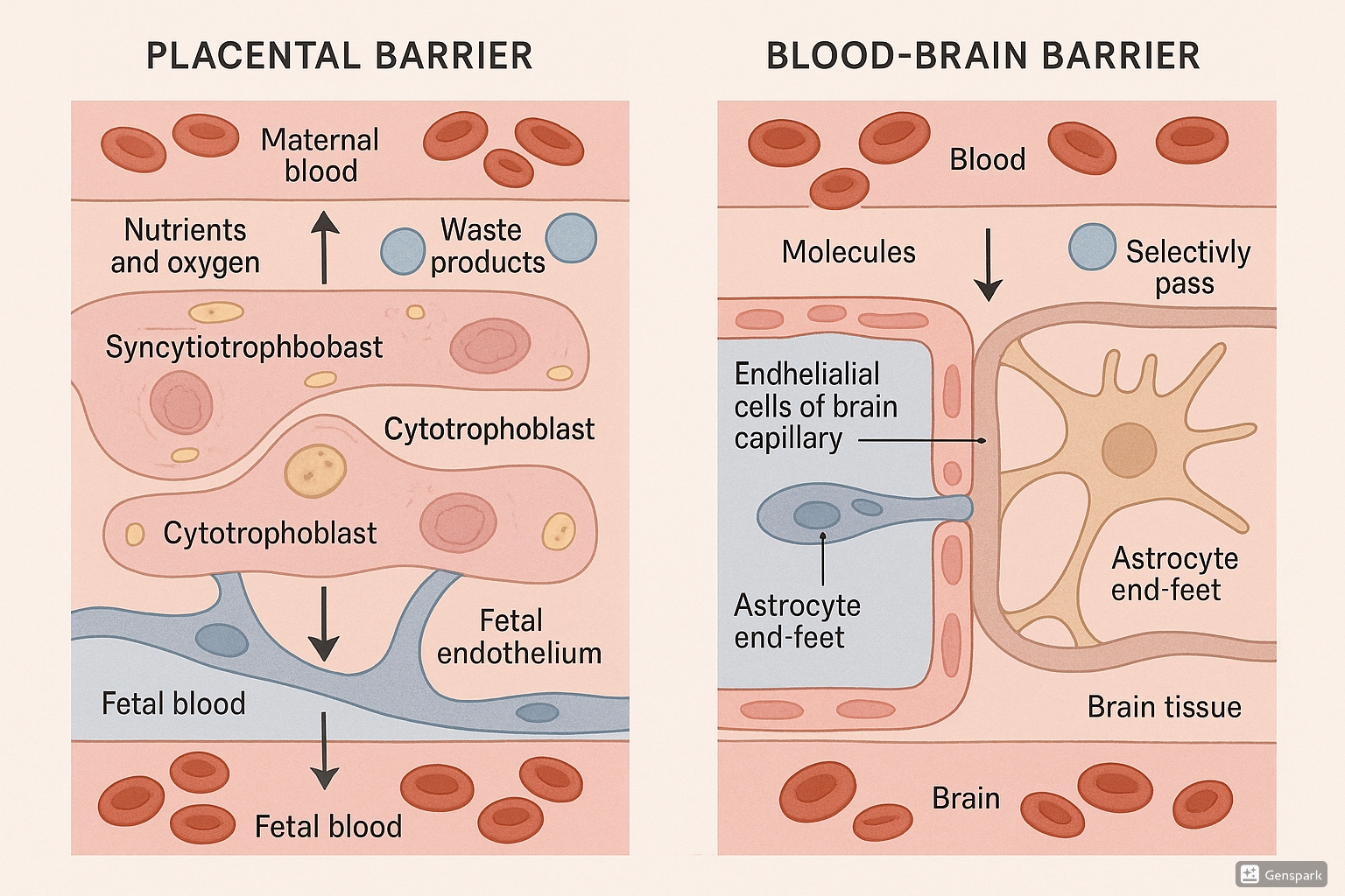 Comparison between the placental barrier and blood-brain barrier