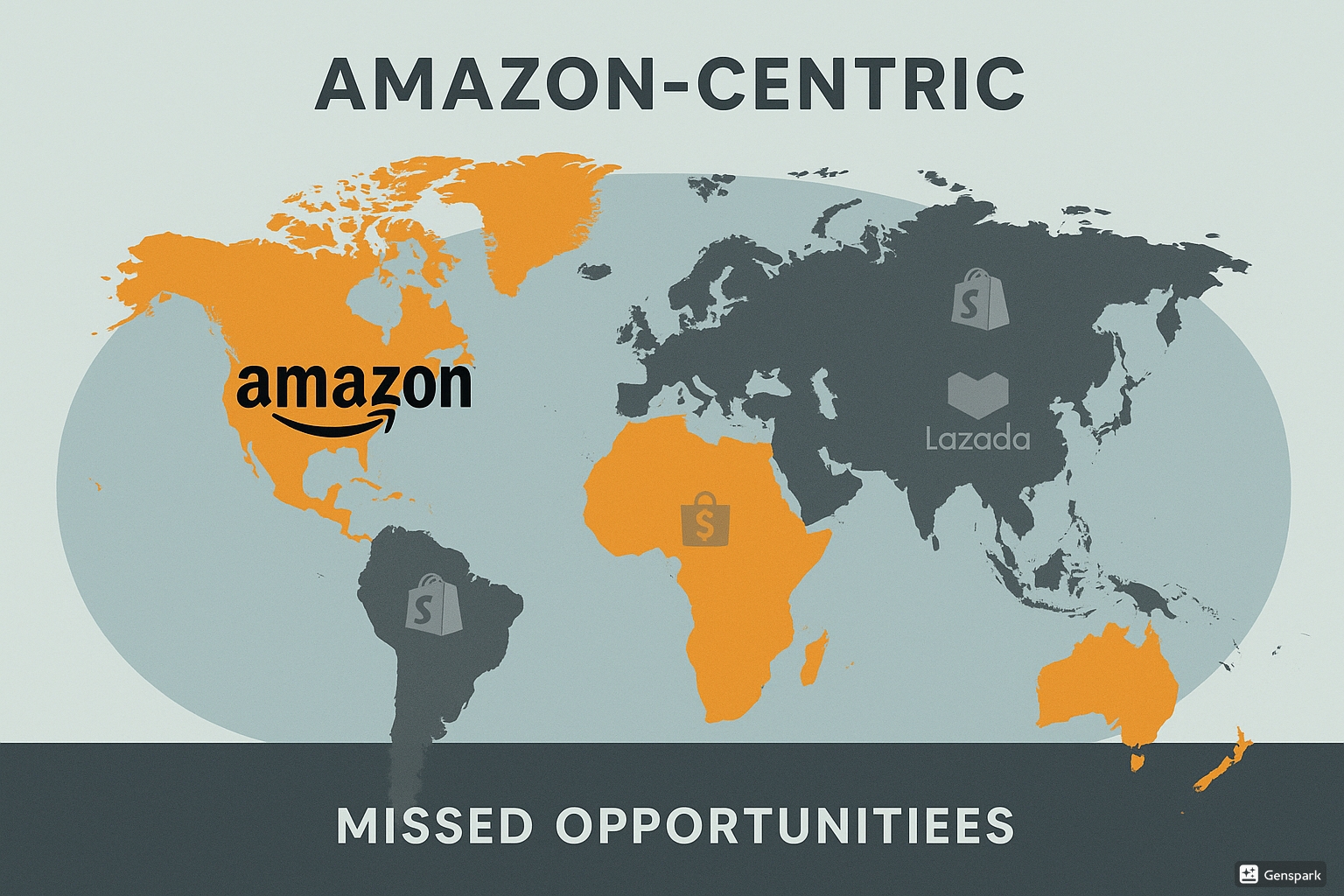 World map showing platform coverage limitations: Amazon logo prominent in US/Europe, other platforms (Shopee, Lazada, Shopify) shown as grayed out or unavailable regions. "Amazon-centric" label, missed opportunities visualization, global e-commerce platforms scattered around, modern flat design with contrasting available vs unavailable areas