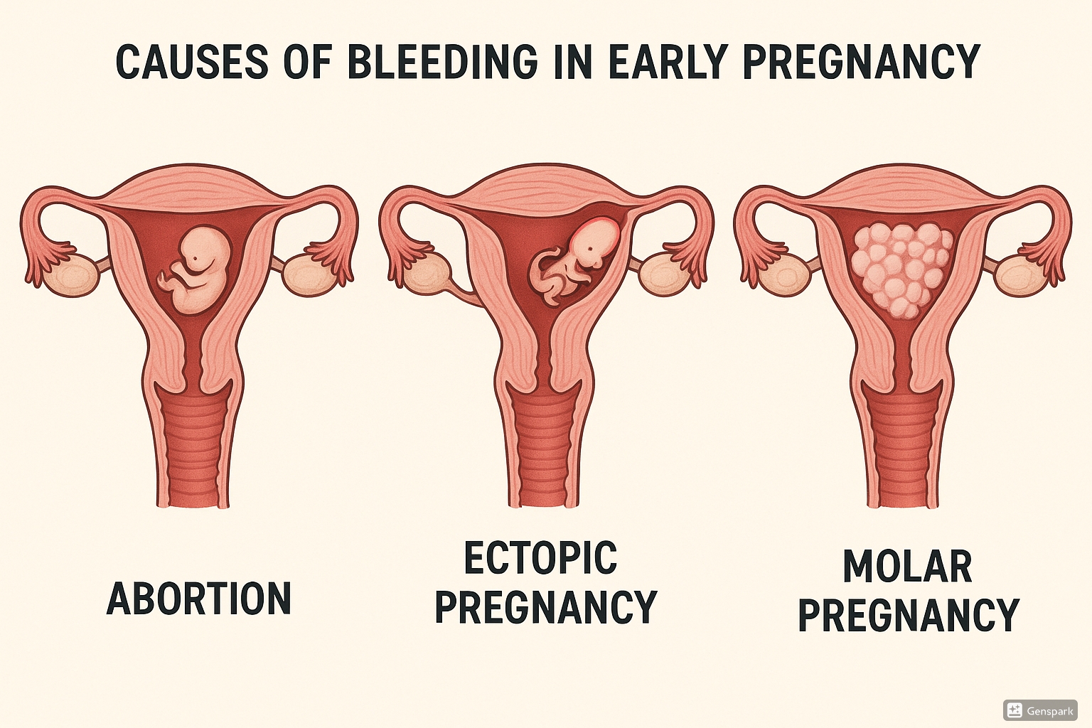 Hemorrhage in early pregnancy showing abortion, ectopic pregnancy, and molar pregnancy