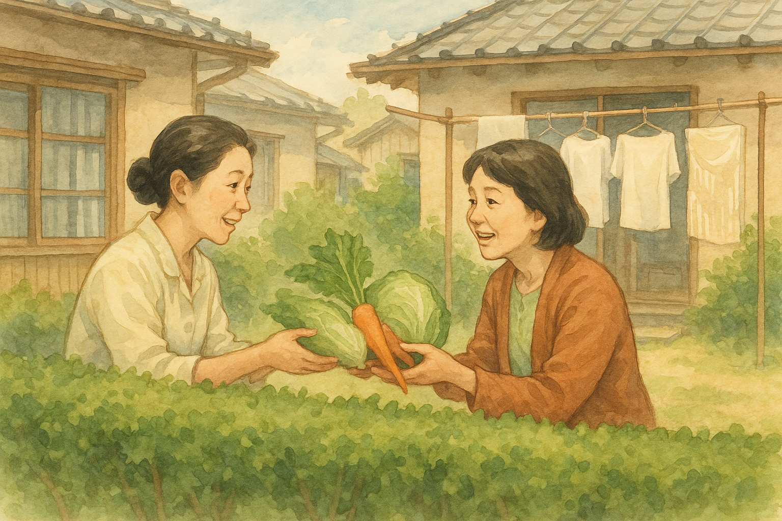 近所同士で野菜を分け合う主婦たち
