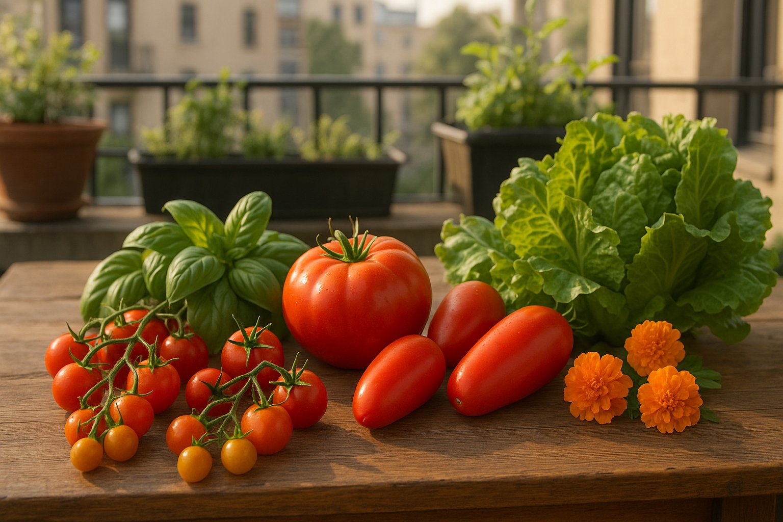 Récolte d'un potager urbain avec tomates, basilic, laitues et fleurs