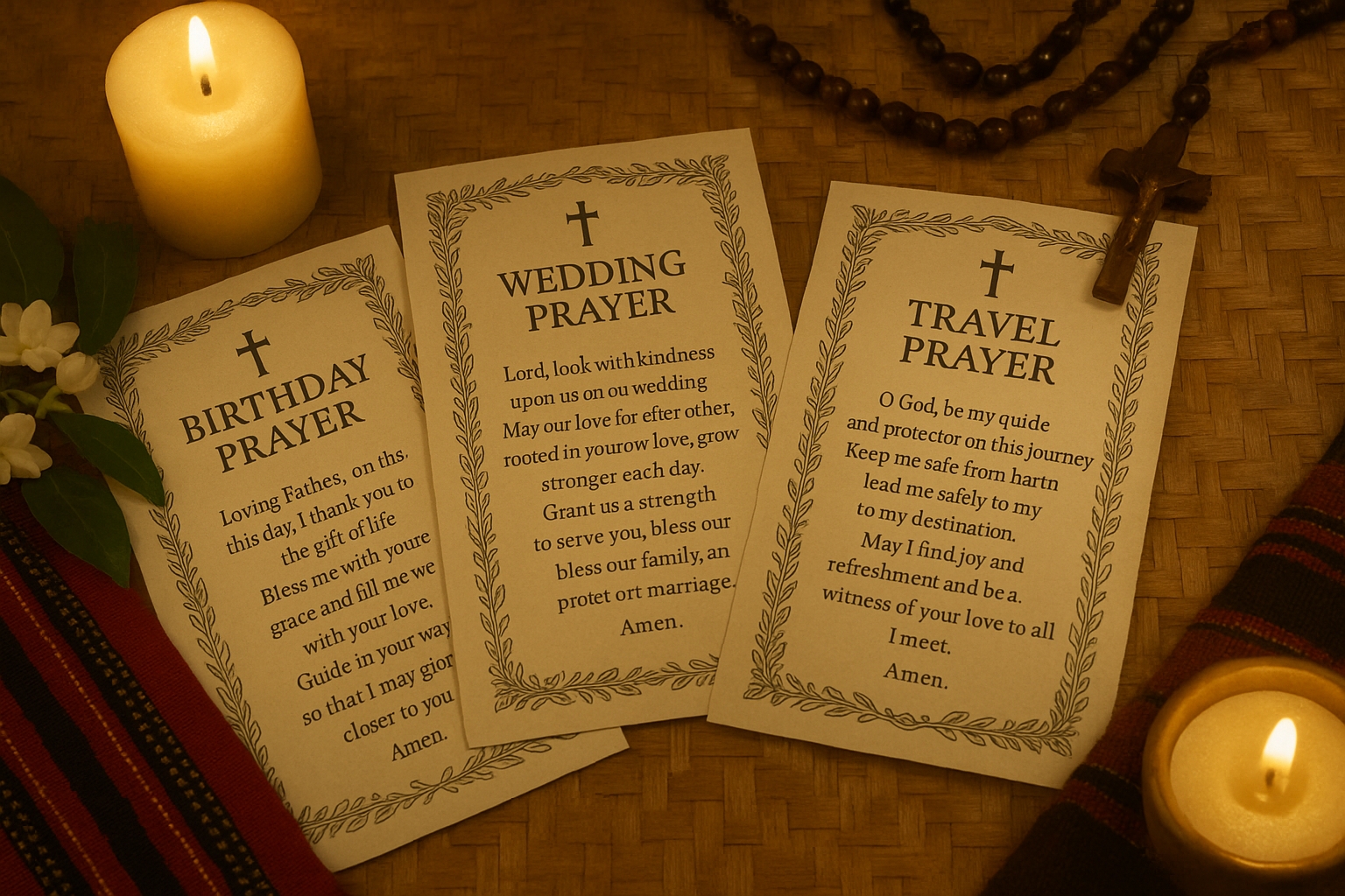 Collection of Bisaya prayer cards for special occasions displayed with traditional Filipino Catholic elements like sampaguita flowers and rosary