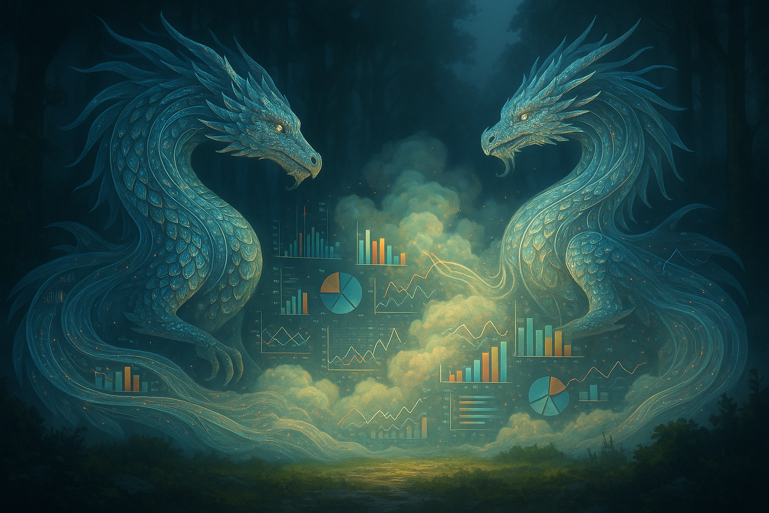 Majestic Insight Dragons revealing hidden patterns from swirling business data clouds