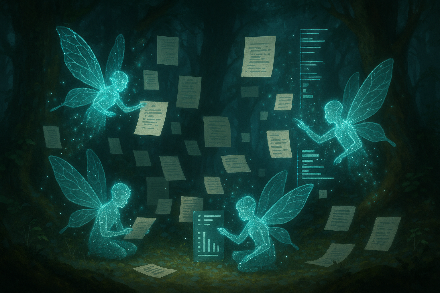 Glowing Data Sprites organizing information with magical sparkles